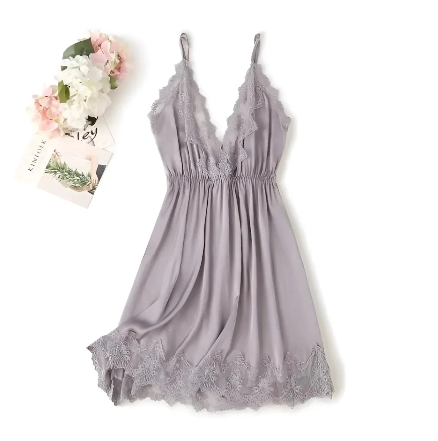 Grey Lace Trim Deep V-Neck Nightdress