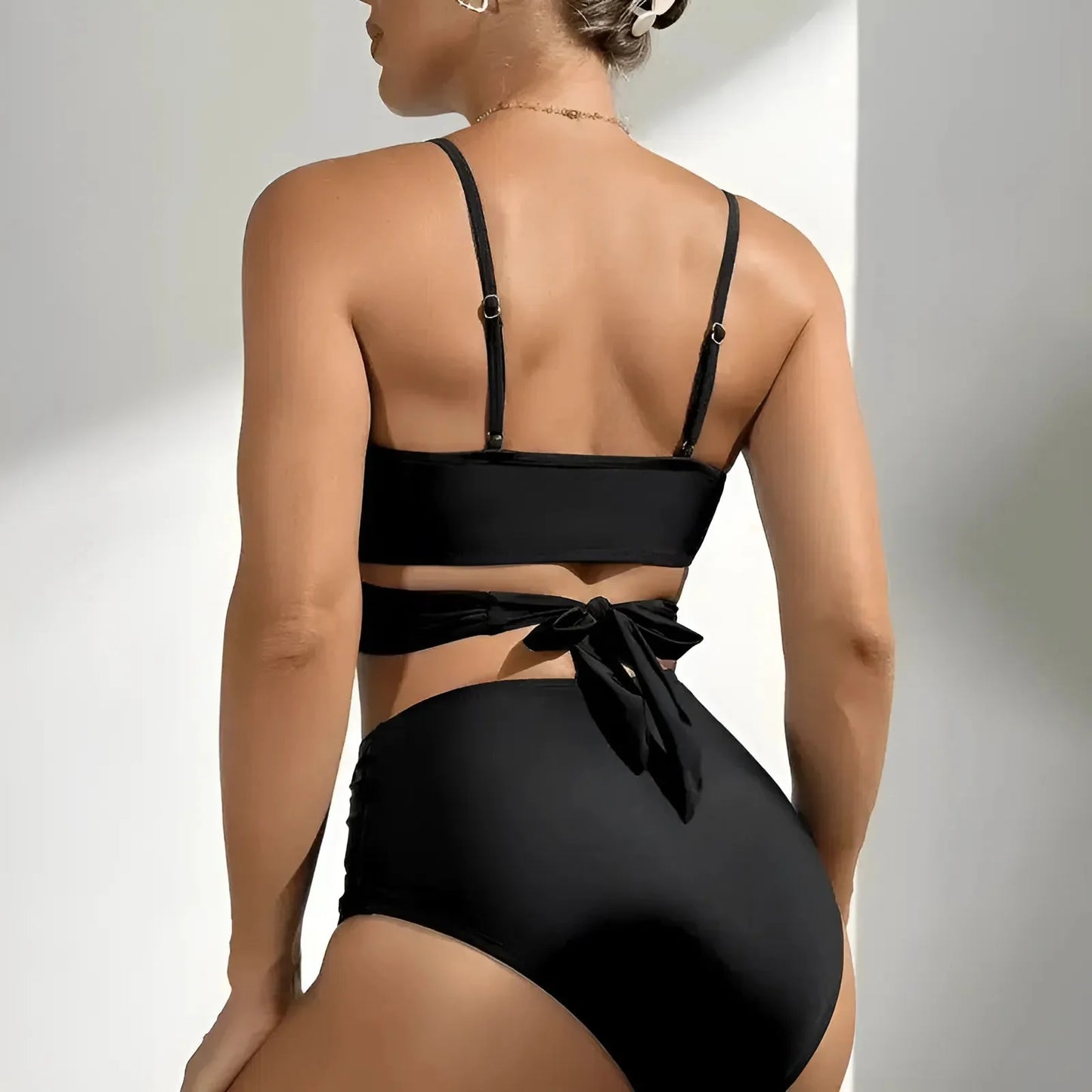 High-Waisted Two-Piece Swimsuit with Cross-Over Neckline