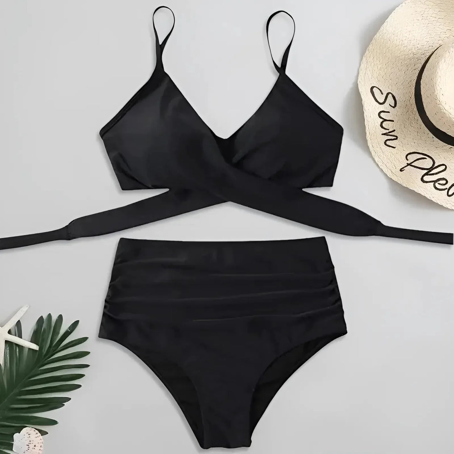 High-Waisted Two-Piece Swimsuit with Cross-Over Neckline