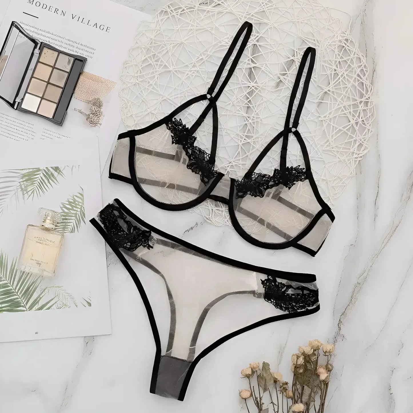 Lace and Mesh Lingerie Set