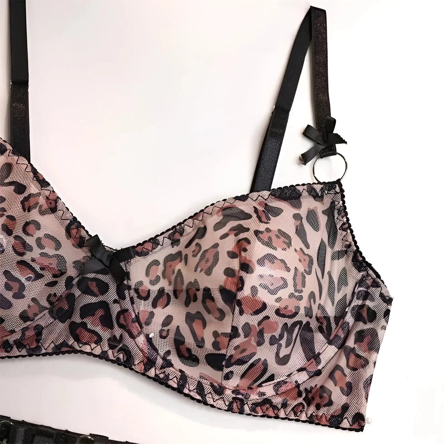 Lace leopard print lingerie set with suspender belt