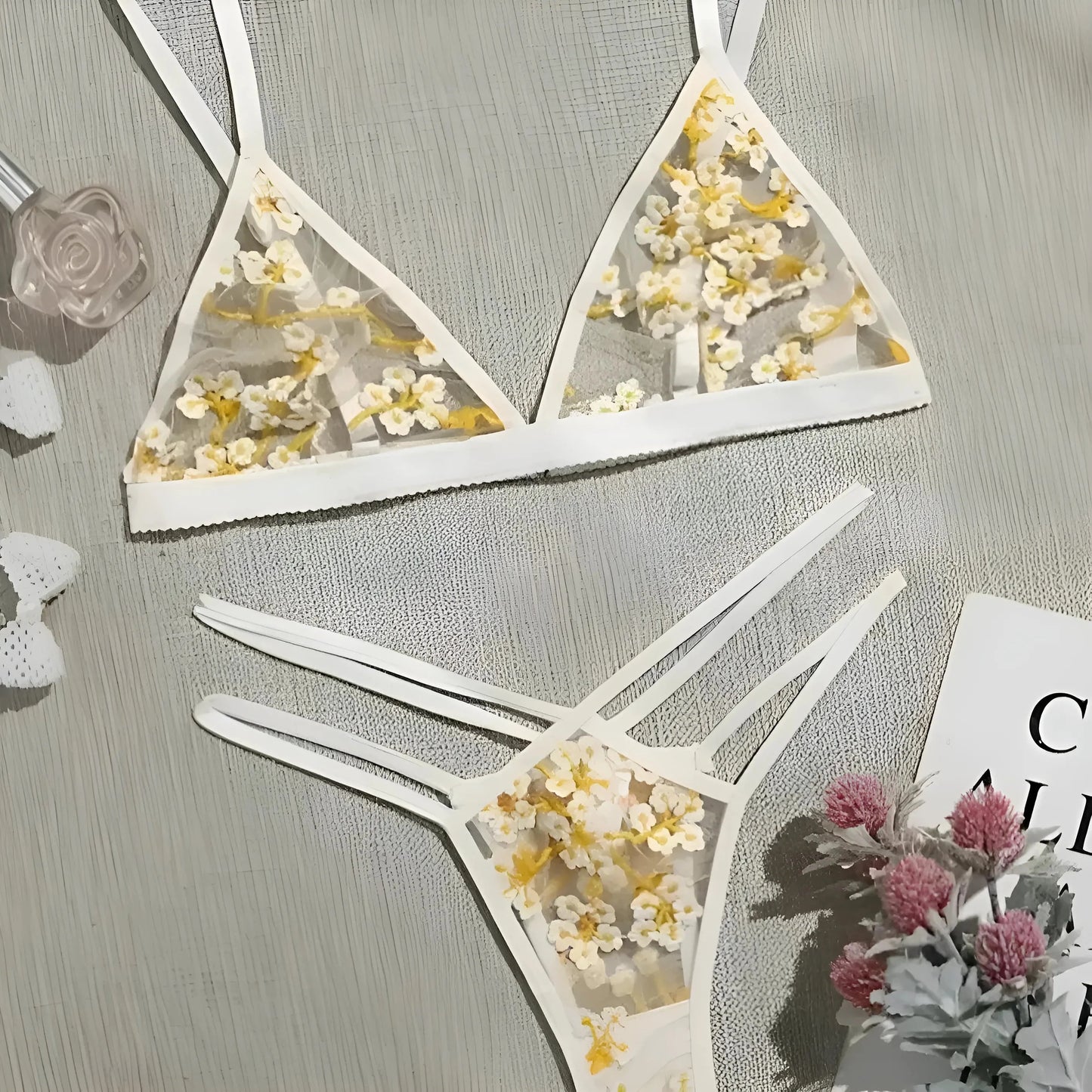 Lace Lingerie Set with Yellow Flowers