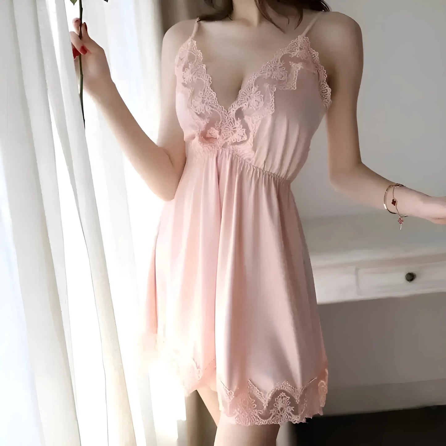 Lace Trim Deep V-Neck Nightdress