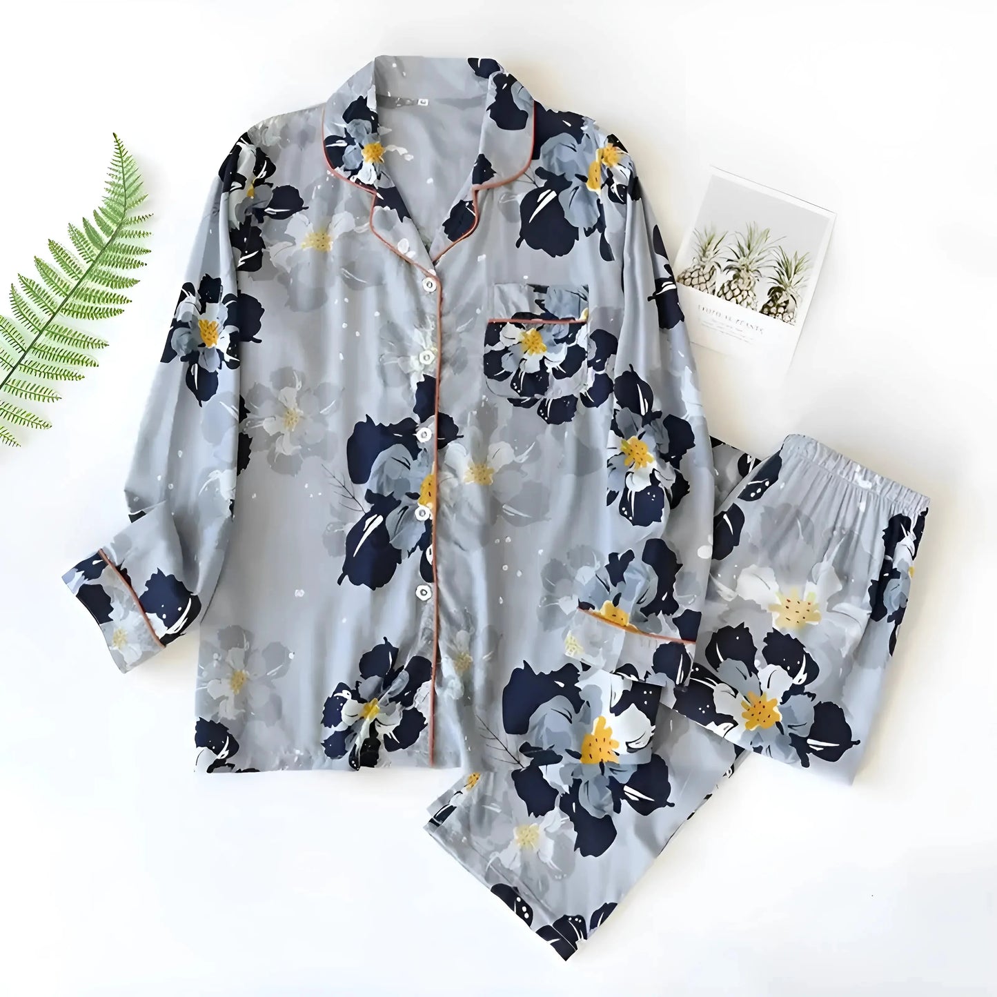 Light Grey Long Pyjama Set with Patterns
