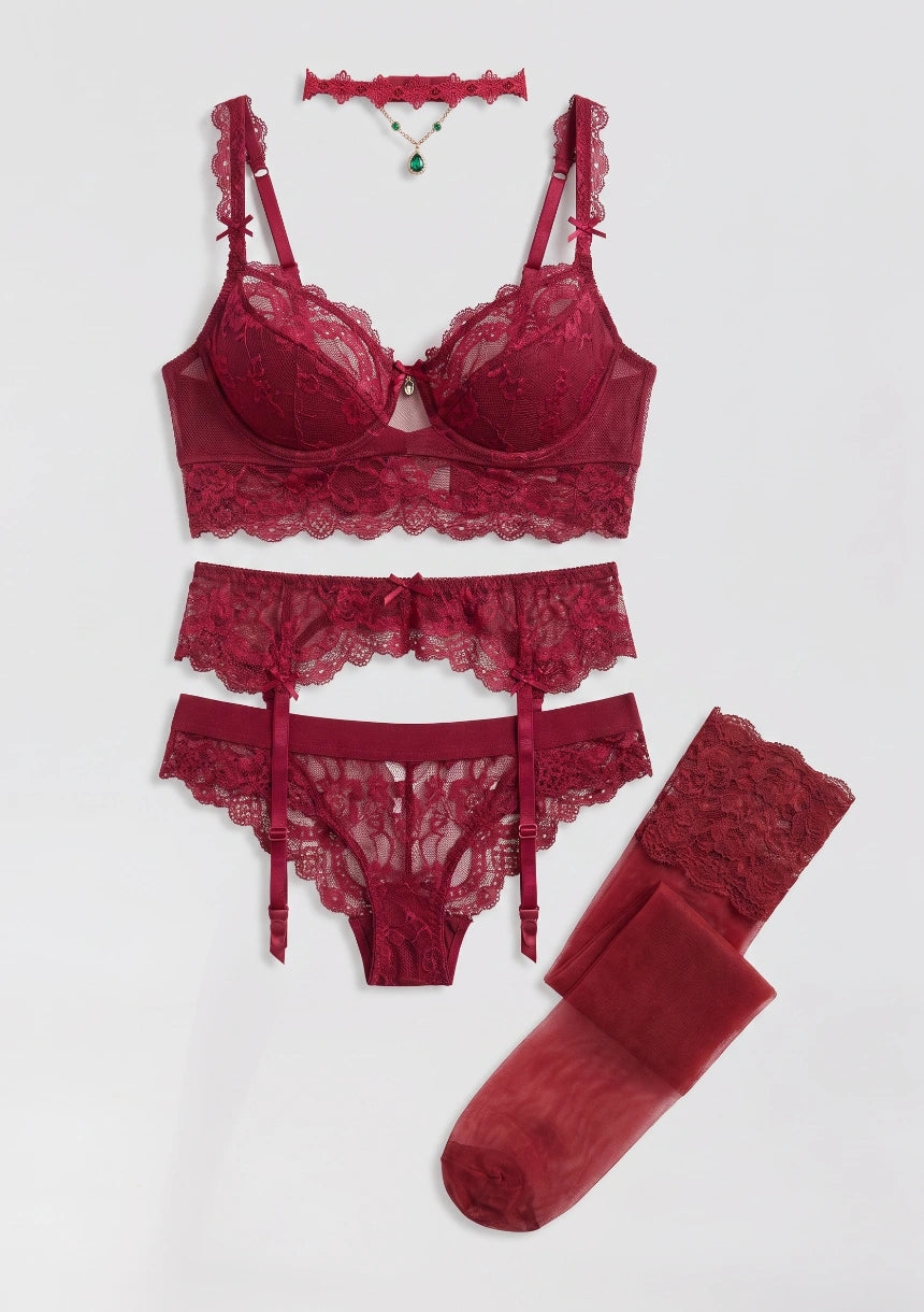 5-teiliges Spitzenunterwäsche-Set mit Choker