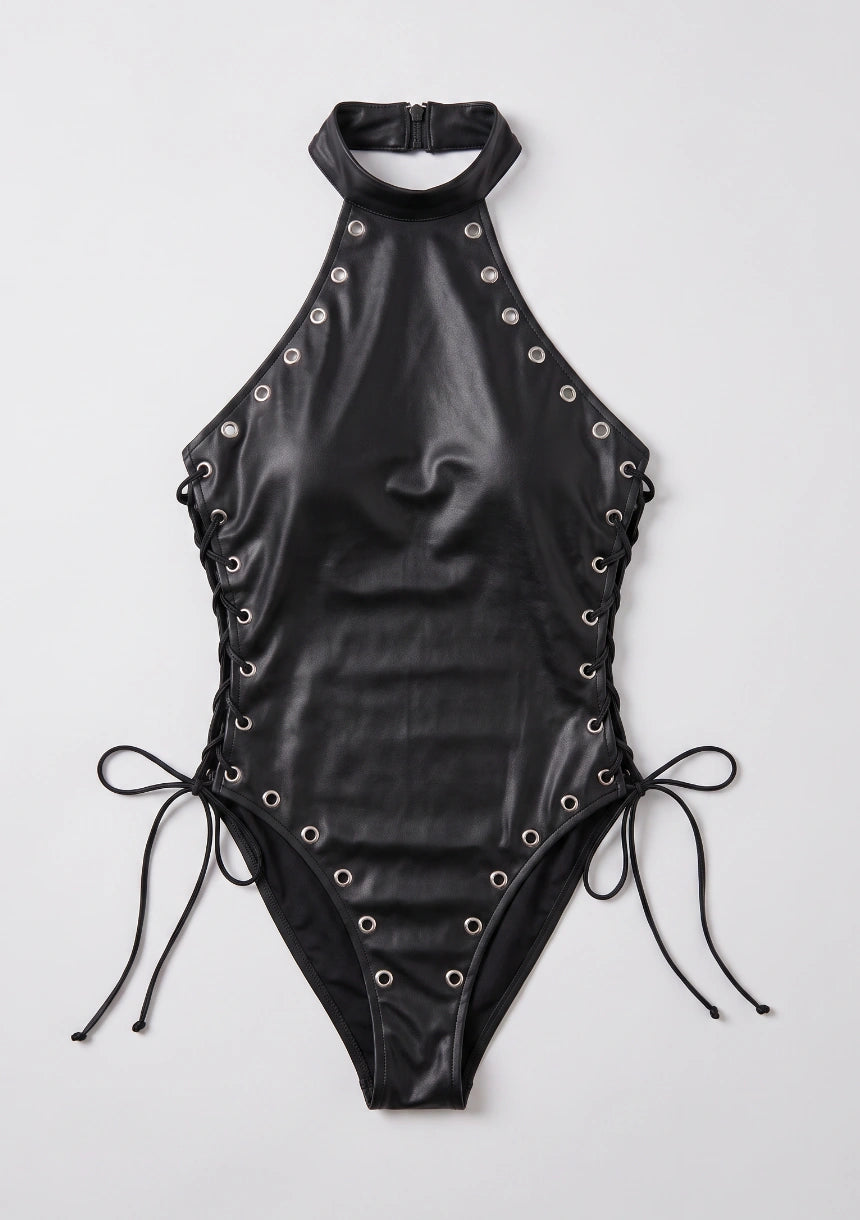 Leder Bodysuit mit seitlichen Bindebändern