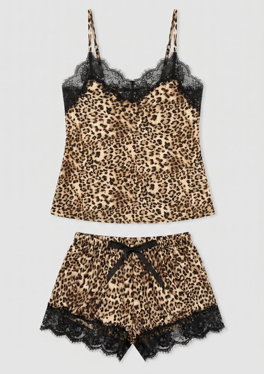Spitzenbesatz Leopardenmuster Zweiteiliges Pyjama-Set