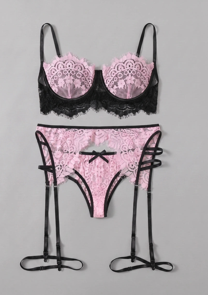 3-teiliges Spitzen-Lingerie-Set mit Oberschenkelbändern
