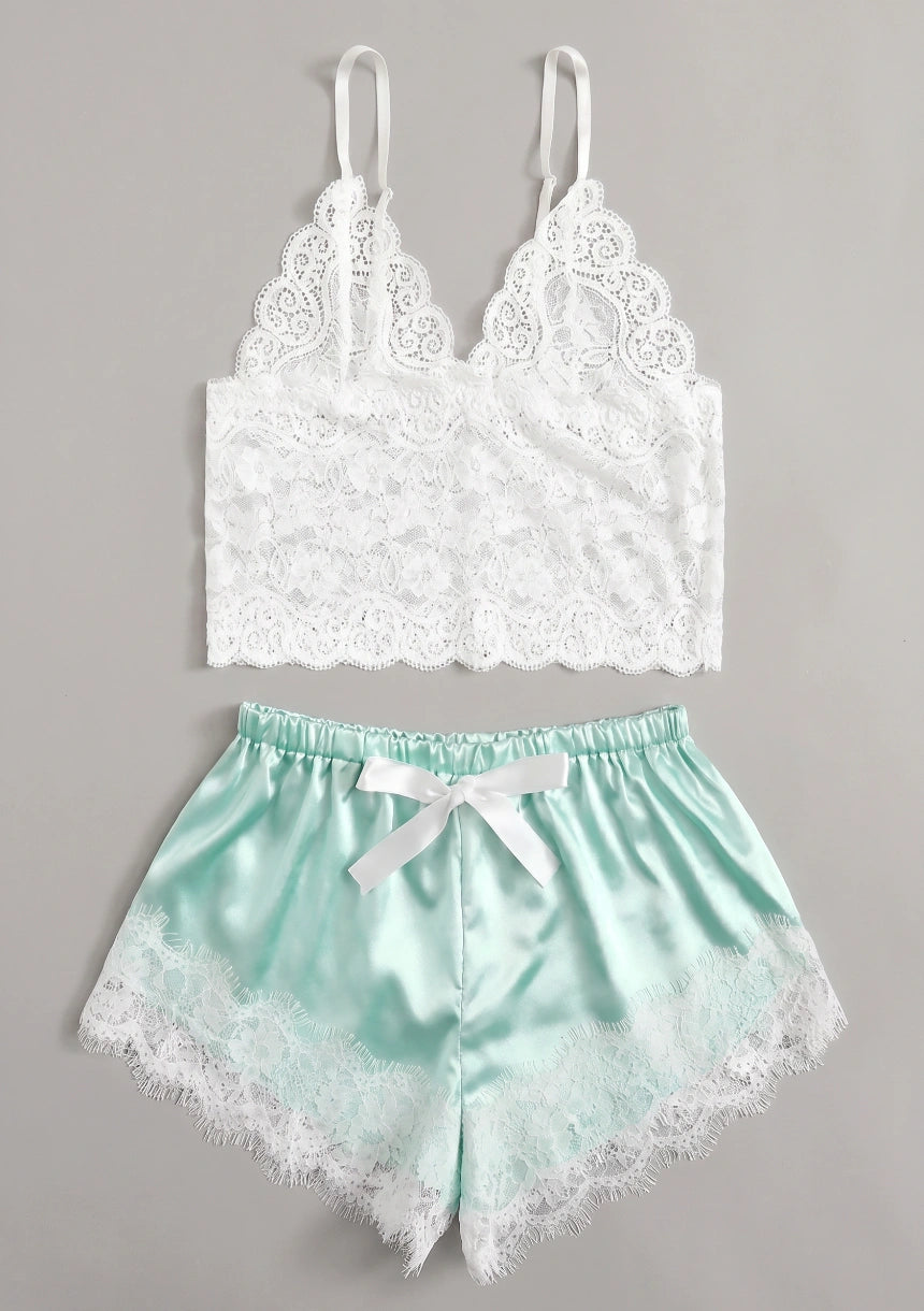 Spitzenbesatz Top und Shorts Pyjama Set