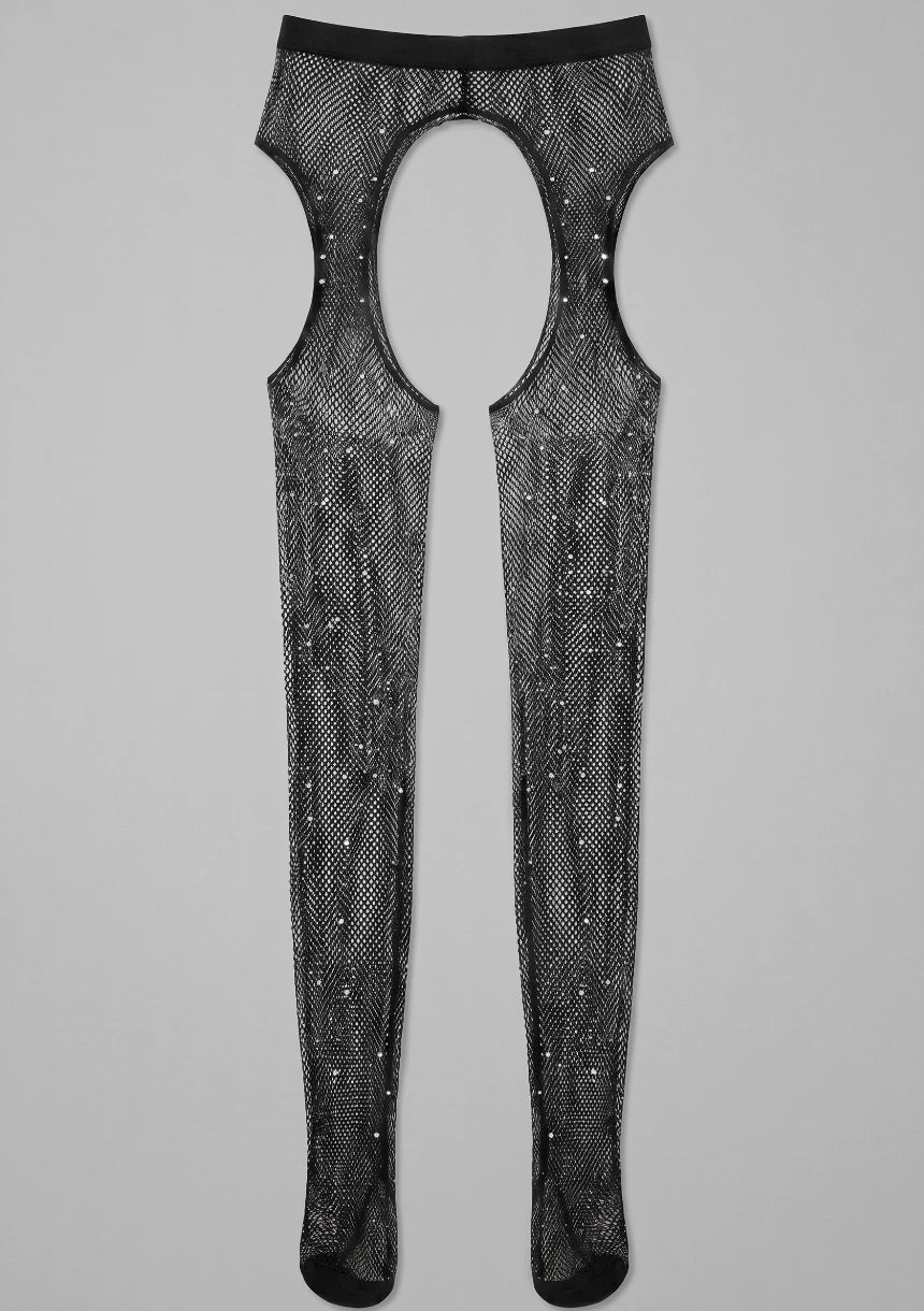 Netzstrümpfe mit Strumpfhalter und Strasssteinen