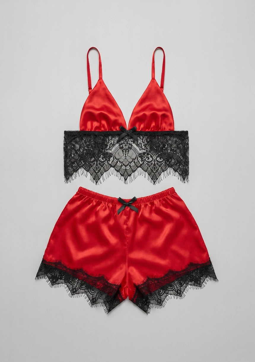 Damen Satin-Pyjamas mit dekorativer Spitze und Rückenschnürung