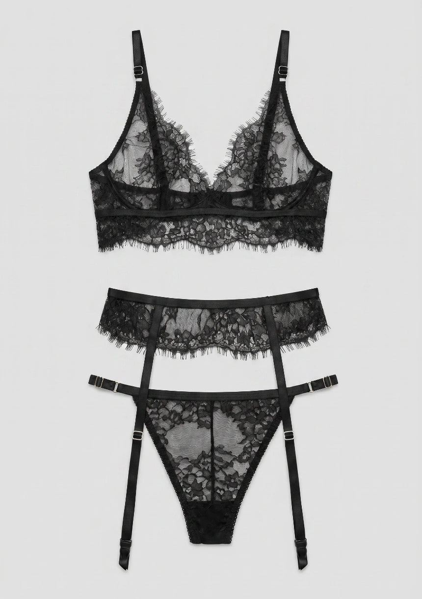 3-teiliges Spitzen-Lingerie-Set mit Oberschenkelbändern