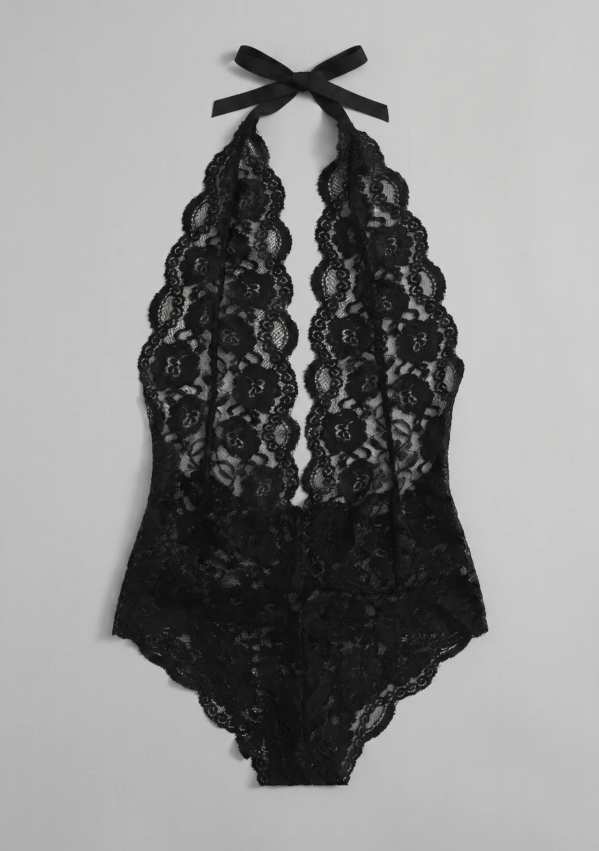 Spitzen-Bodysuit mit tiefem V-Ausschnitt und offenem Rücken