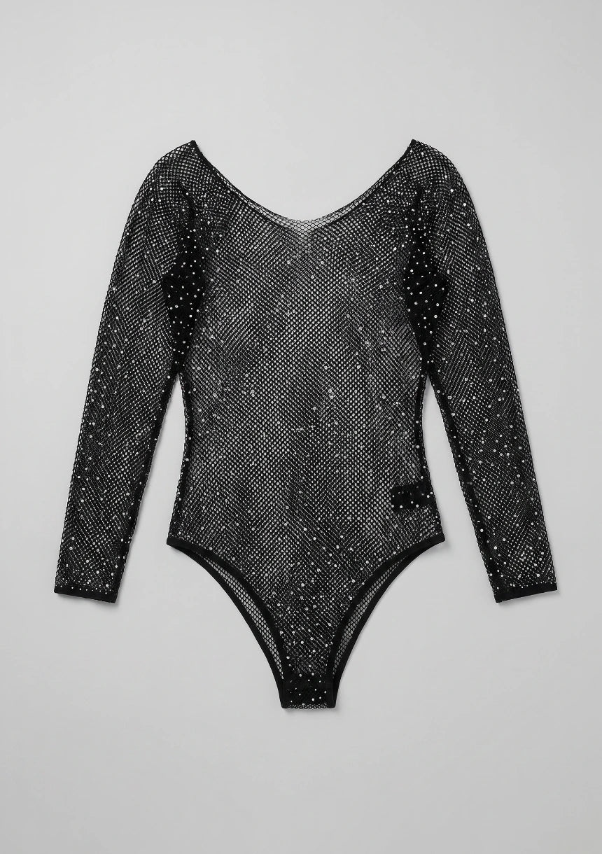 Glitzerndes Netz-Bodysuit mit Strasssteinen