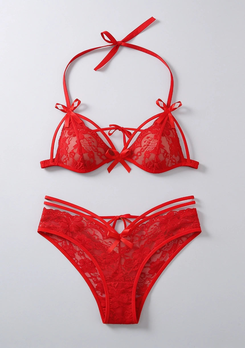 Spitzen-Lingerie-Set mit Schleifen und Trägern