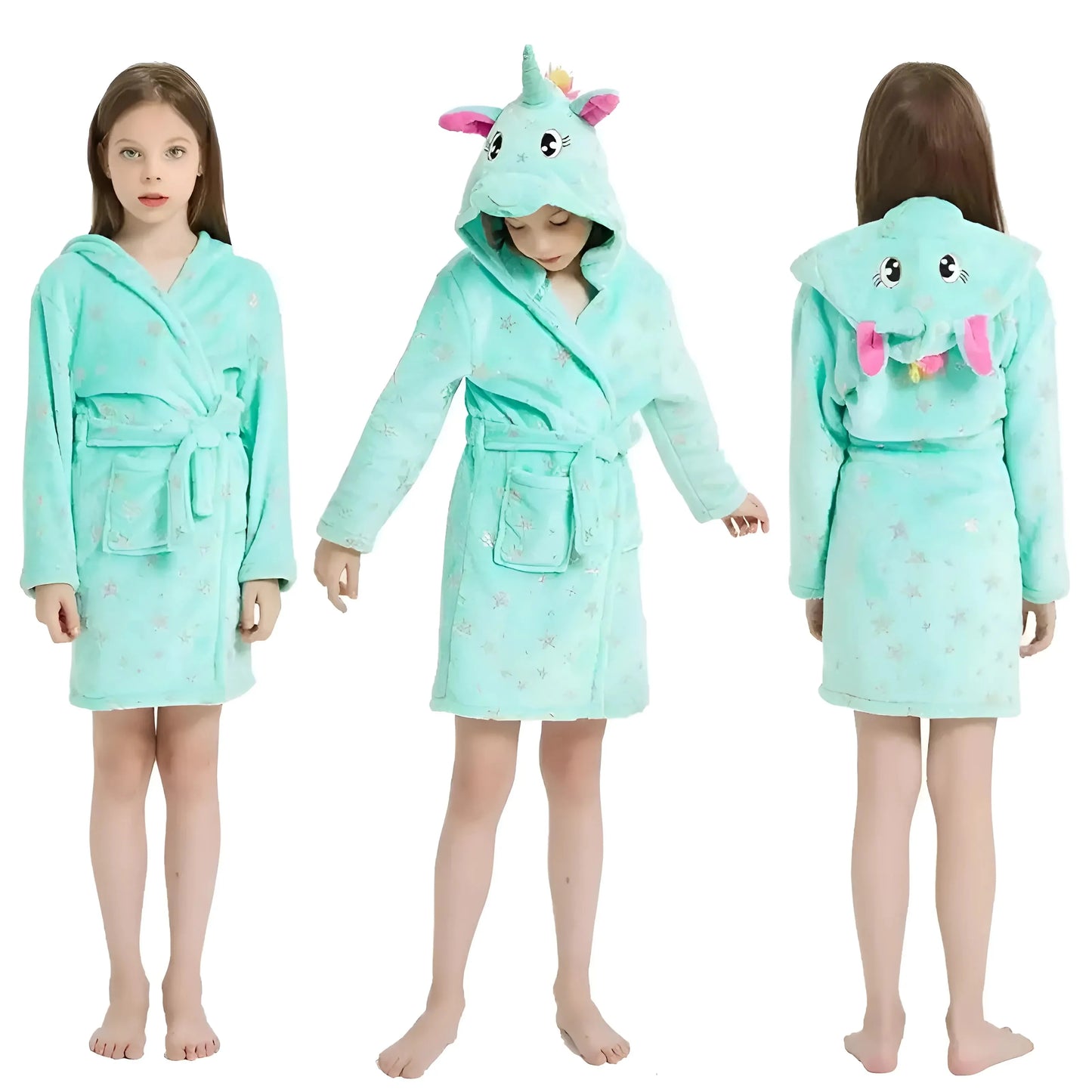 Mint Children's Bathrobe with Decorative Hood