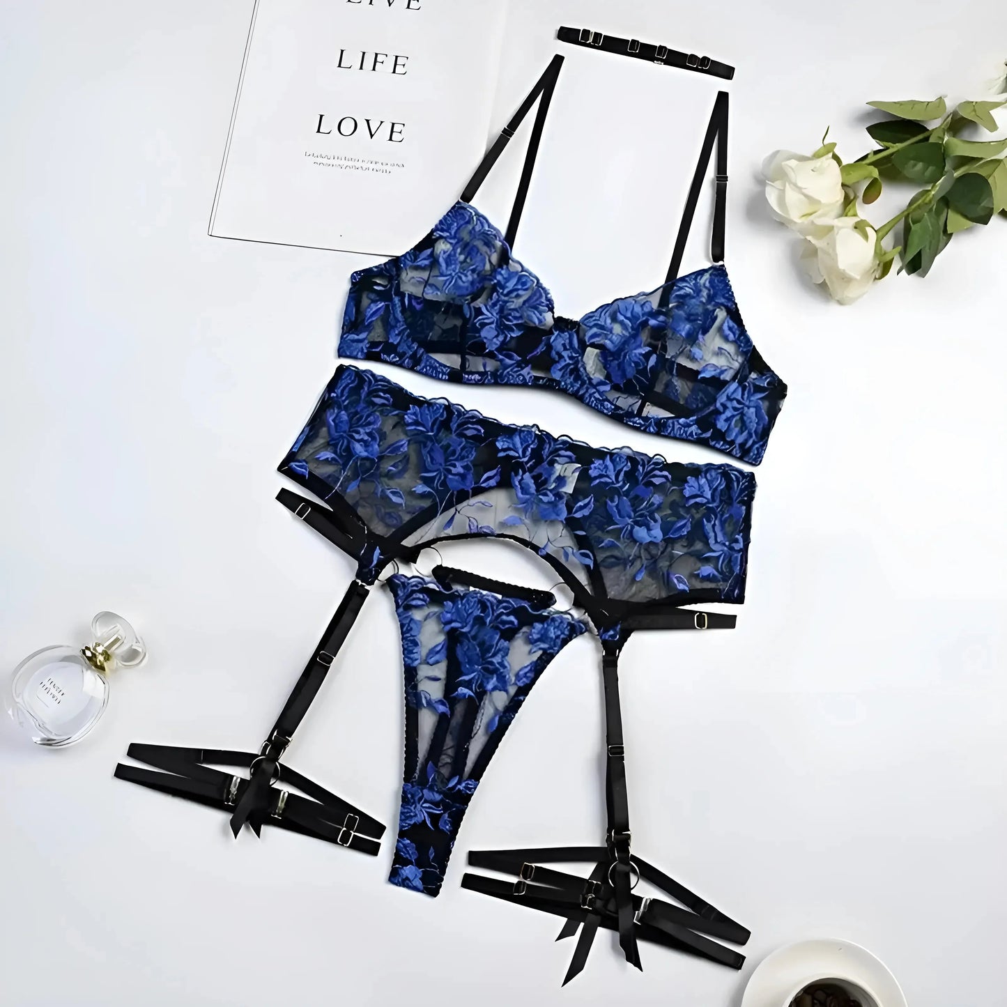 Navy 3-Piece Navy Lace Lingerie Set