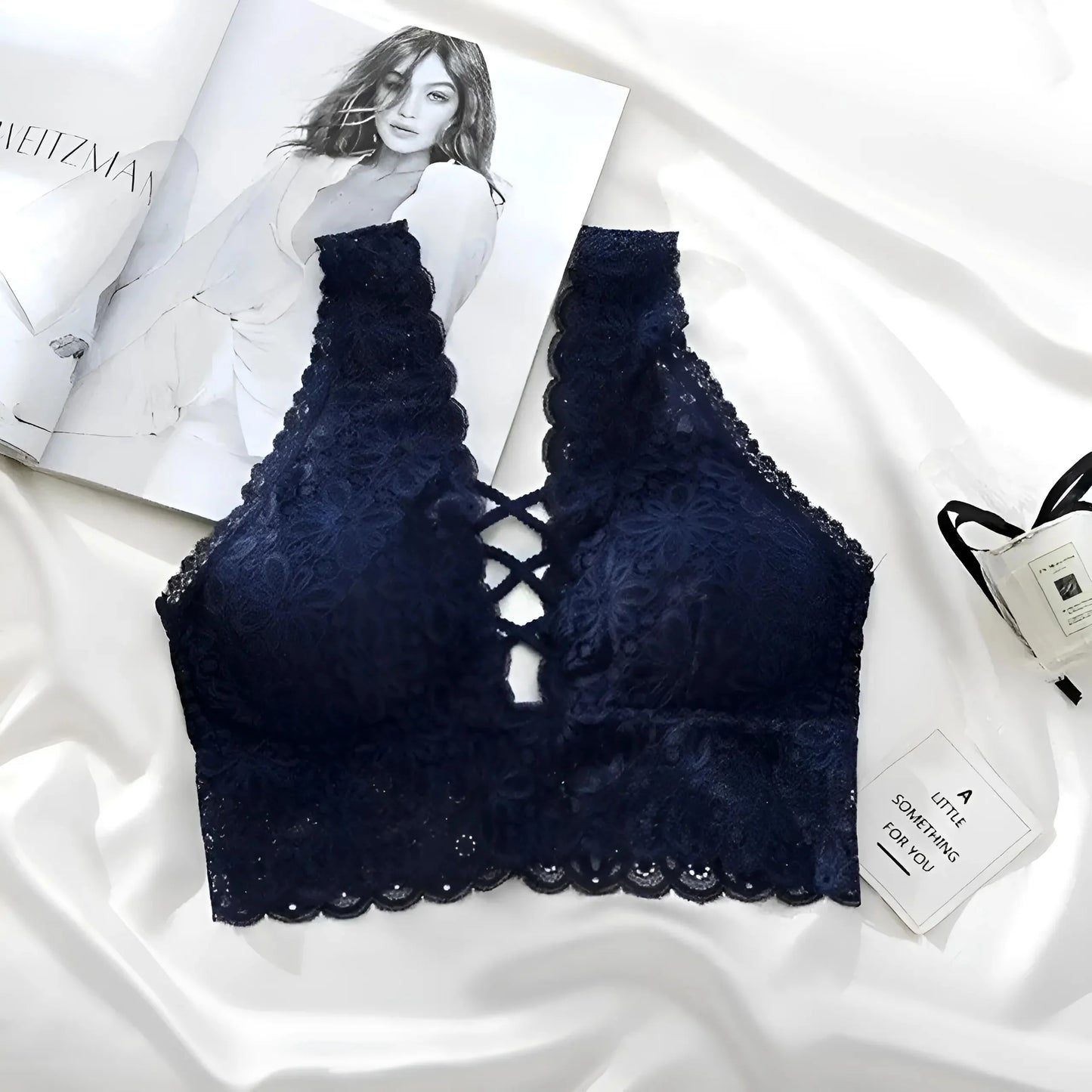 Navy Lace Bralette with Straps on the Décolletage