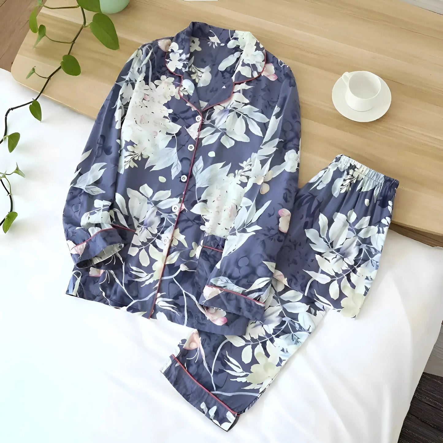 Navy Long Pyjama Set with Patterns