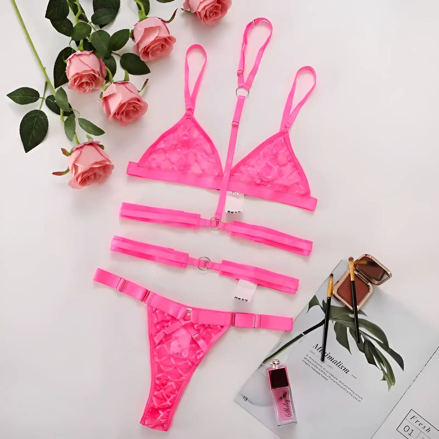 Pink Lace Lingerie Set with Straps