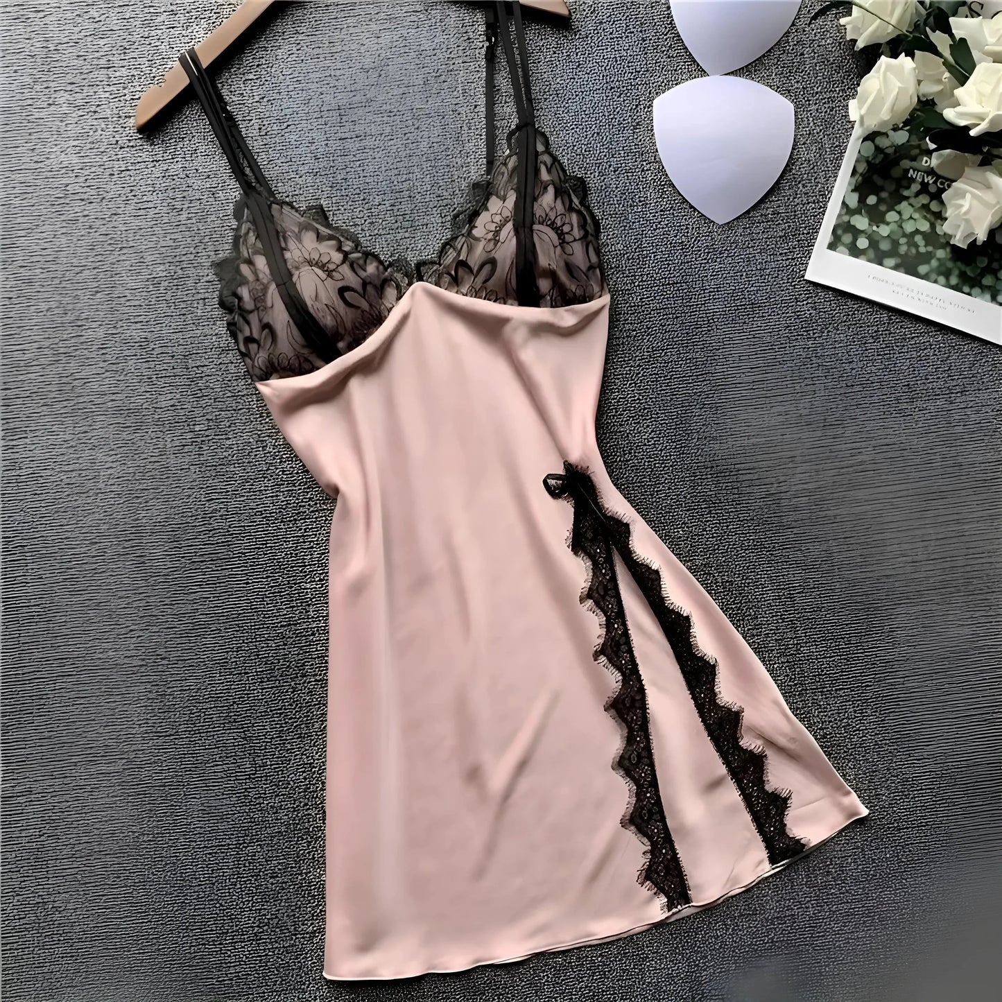 Pink Lace Trim Nightdress with Slit