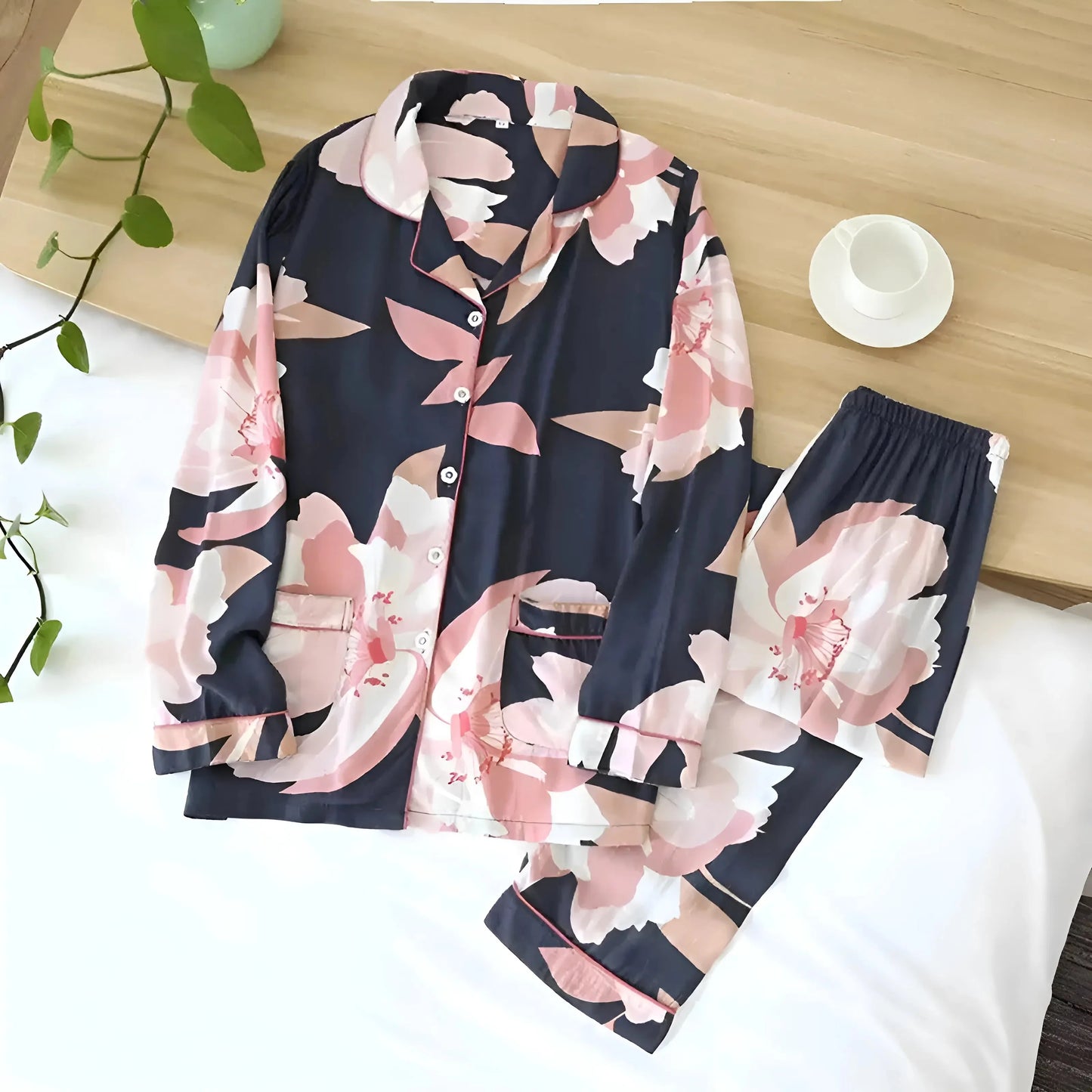 Pink Long Pyjama Set with Patterns