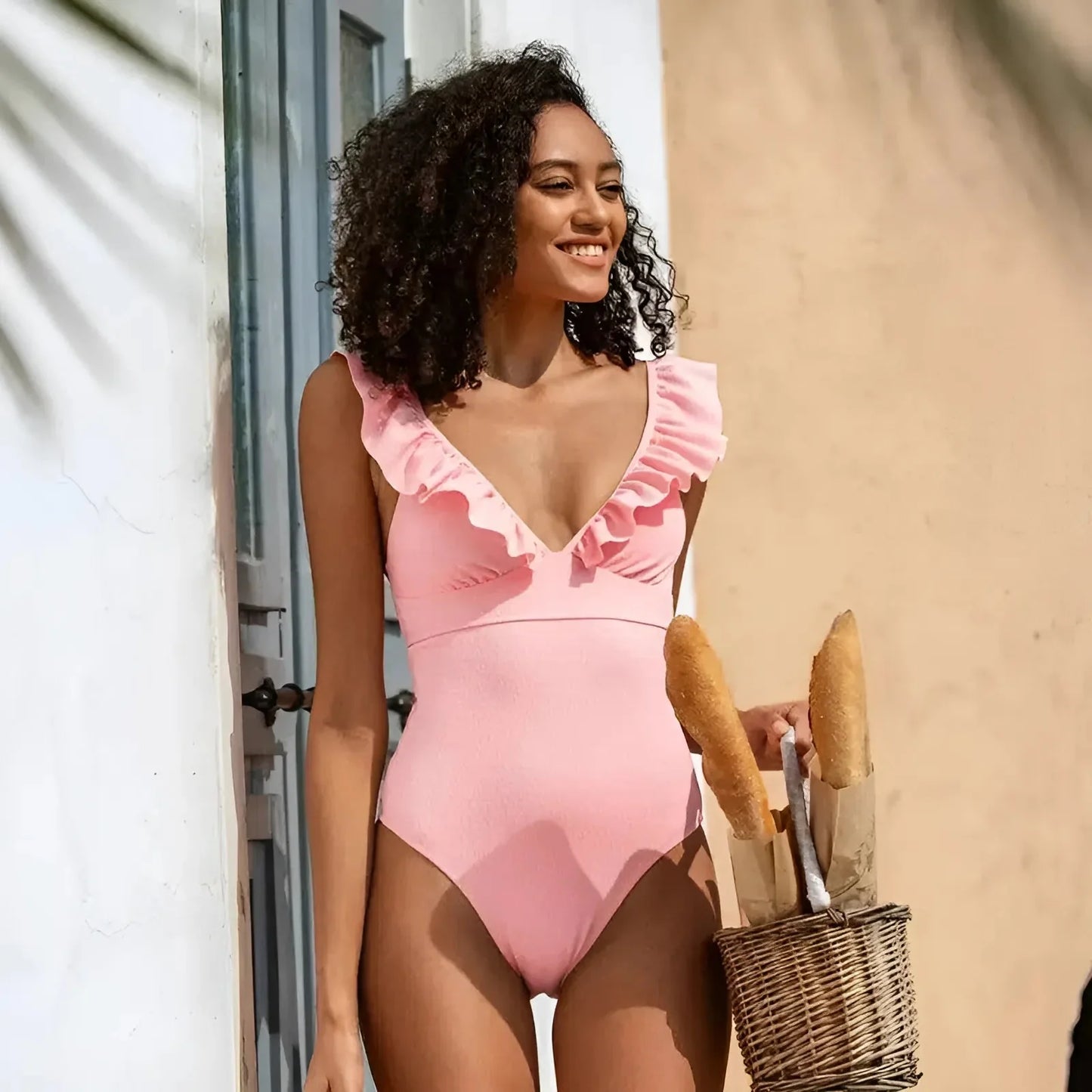 Pink One-Piece Swimsuit Monokini with Ruffles