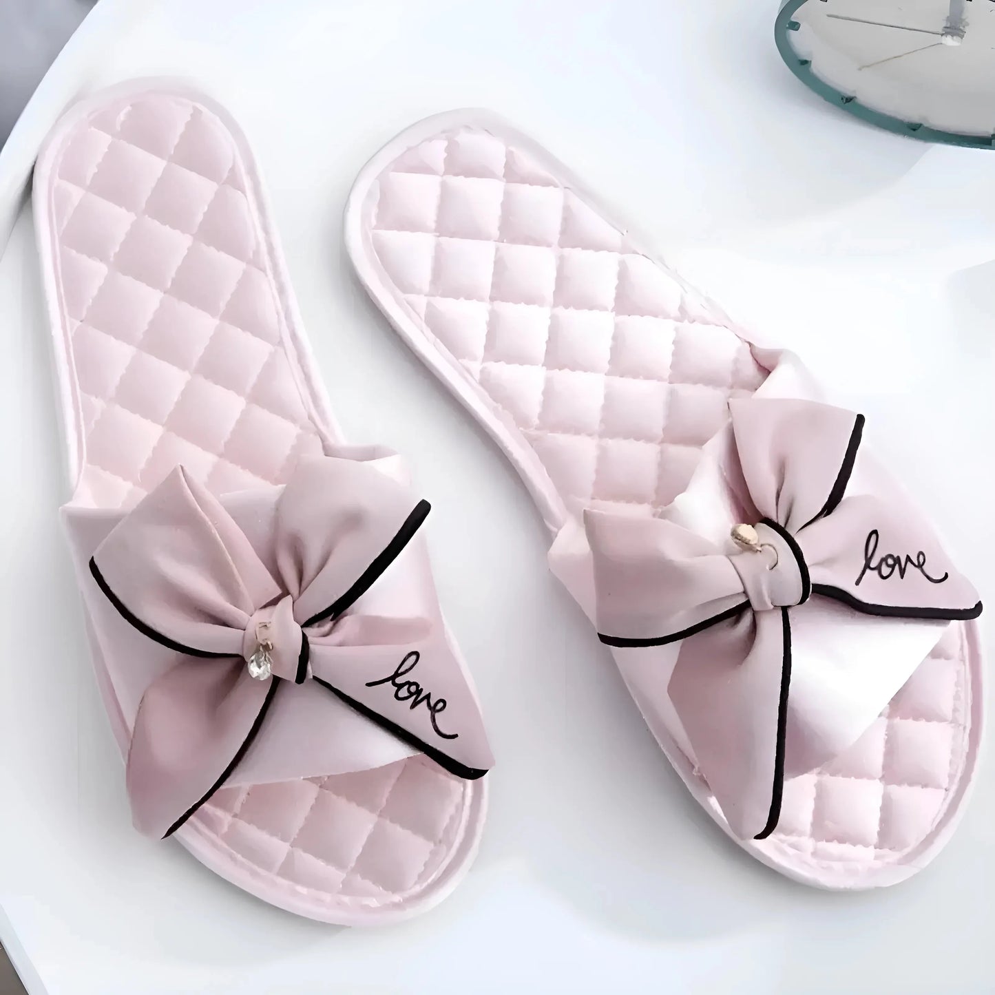Pink Quilted Women's Slippers with Bows