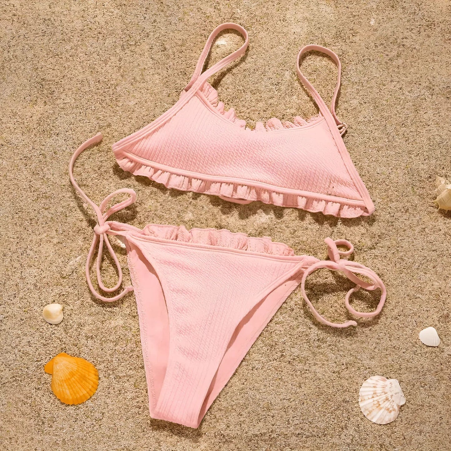 Pink Two-Piece Swimsuit with Delicate Ruffles