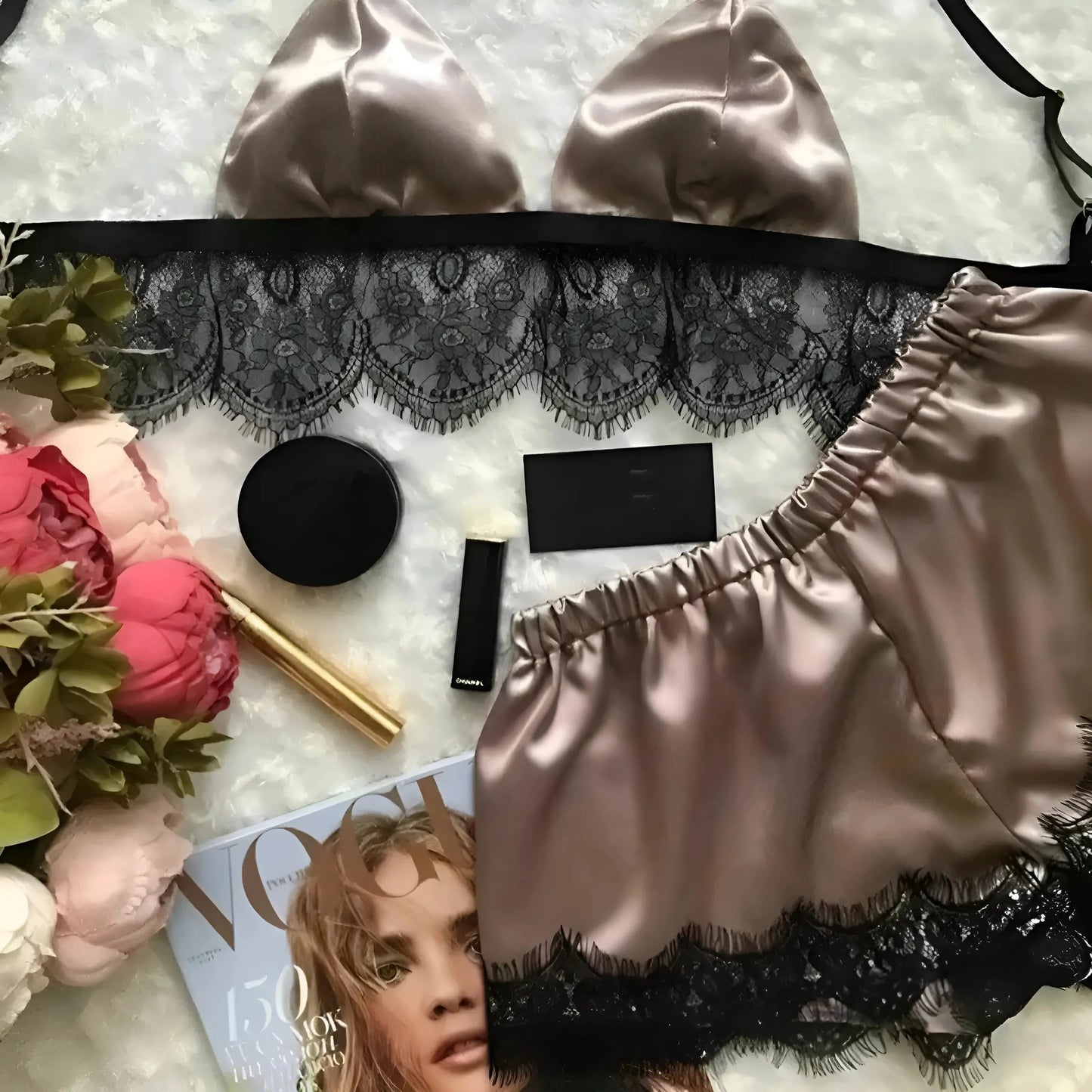 Pink Women's Satin Pyjamas with Decorative Lace and Back Tie