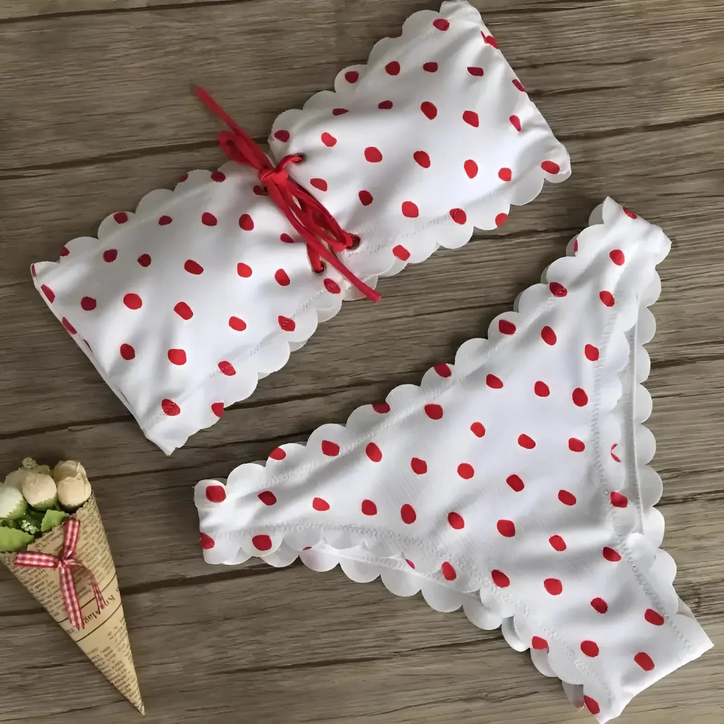 Polka Dot Strapless Two-Piece Swimsuit