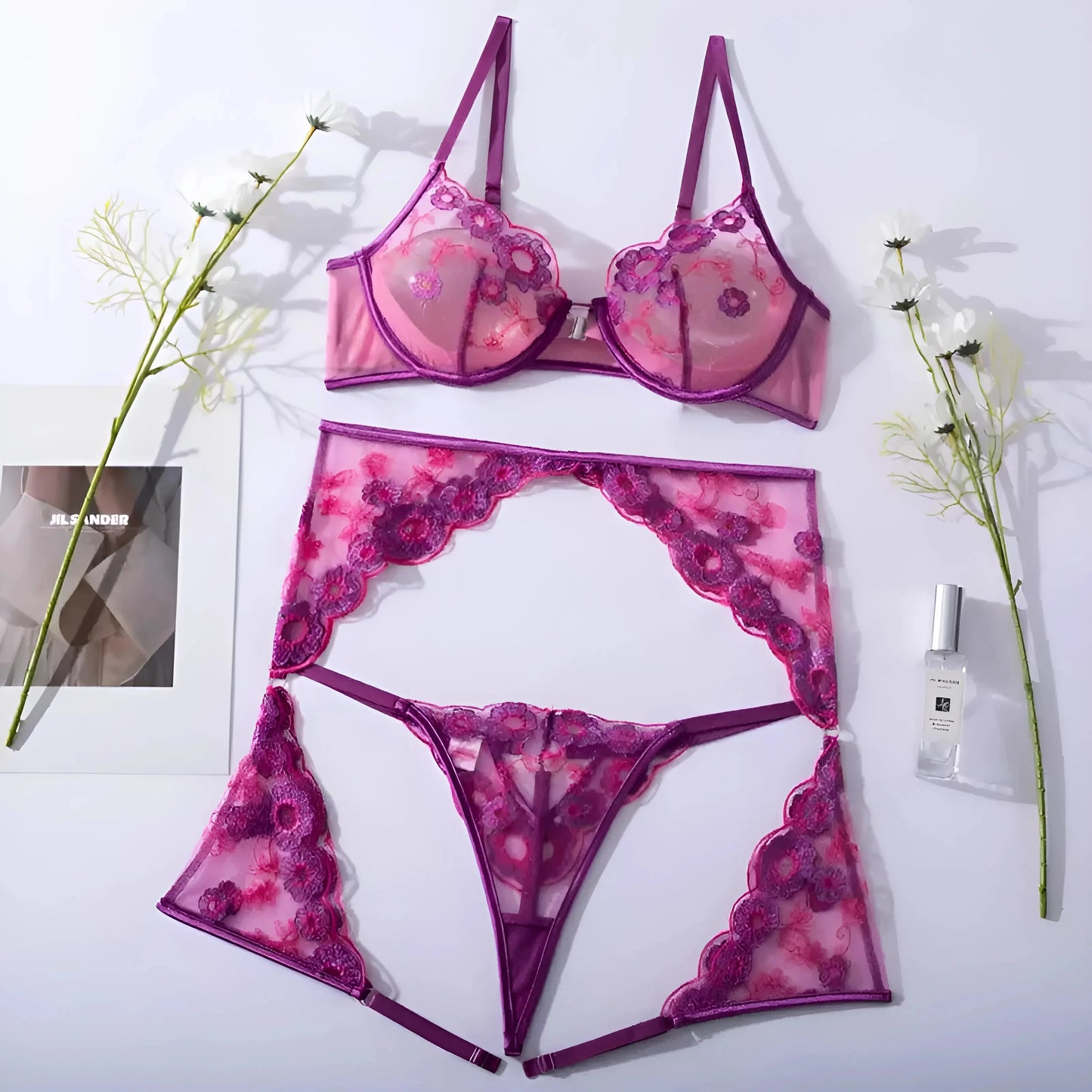Purple 3-Piece Lingerie Set with Floral Lace