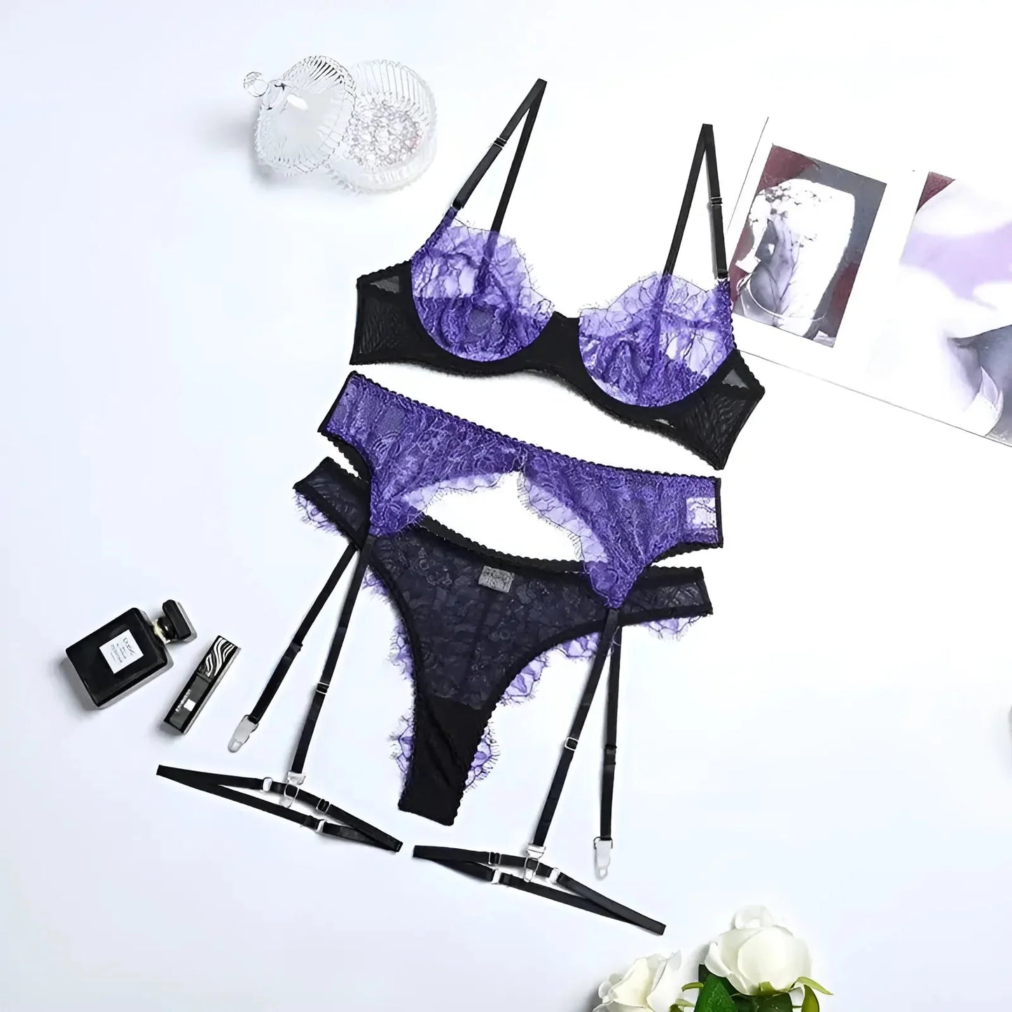 Purple 3-Piece Two-Tone Lace Lingerie Set