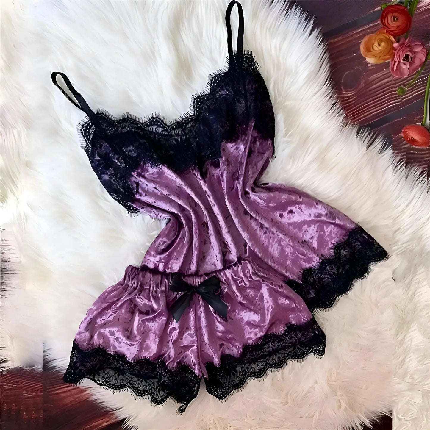 Purple Women's Velour Pyjamas with Lace