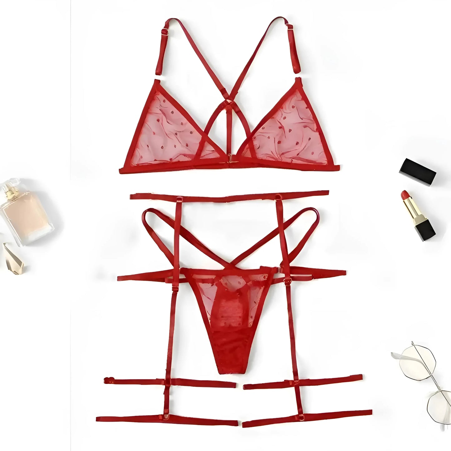 Red 3-Piece Polka Dot Lingerie Set