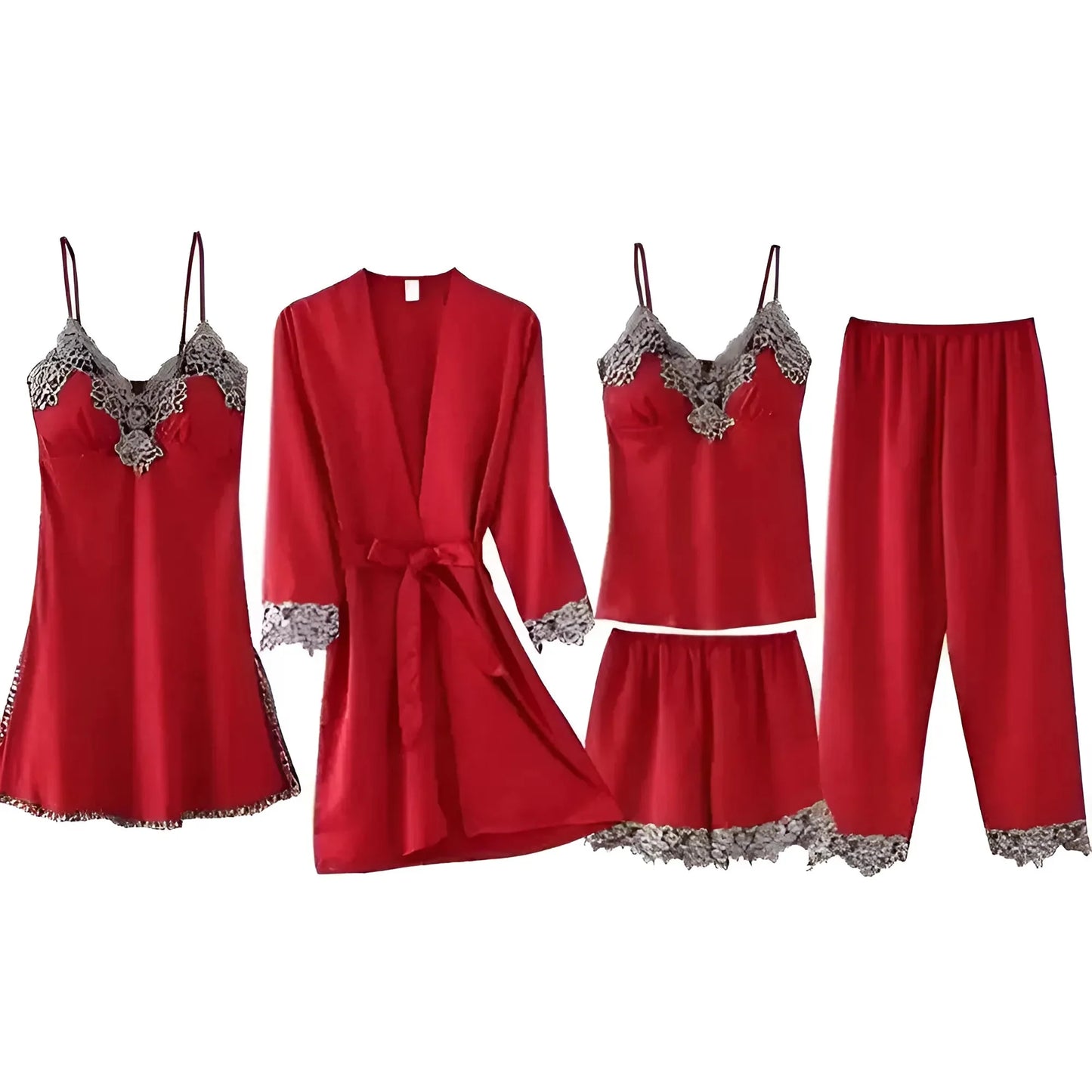 Red Five-Piece Sleep Set with Decorative Lace