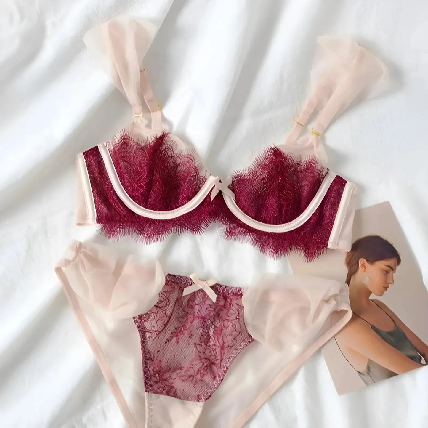 Red Lace Lingerie Set with Decorative Mesh