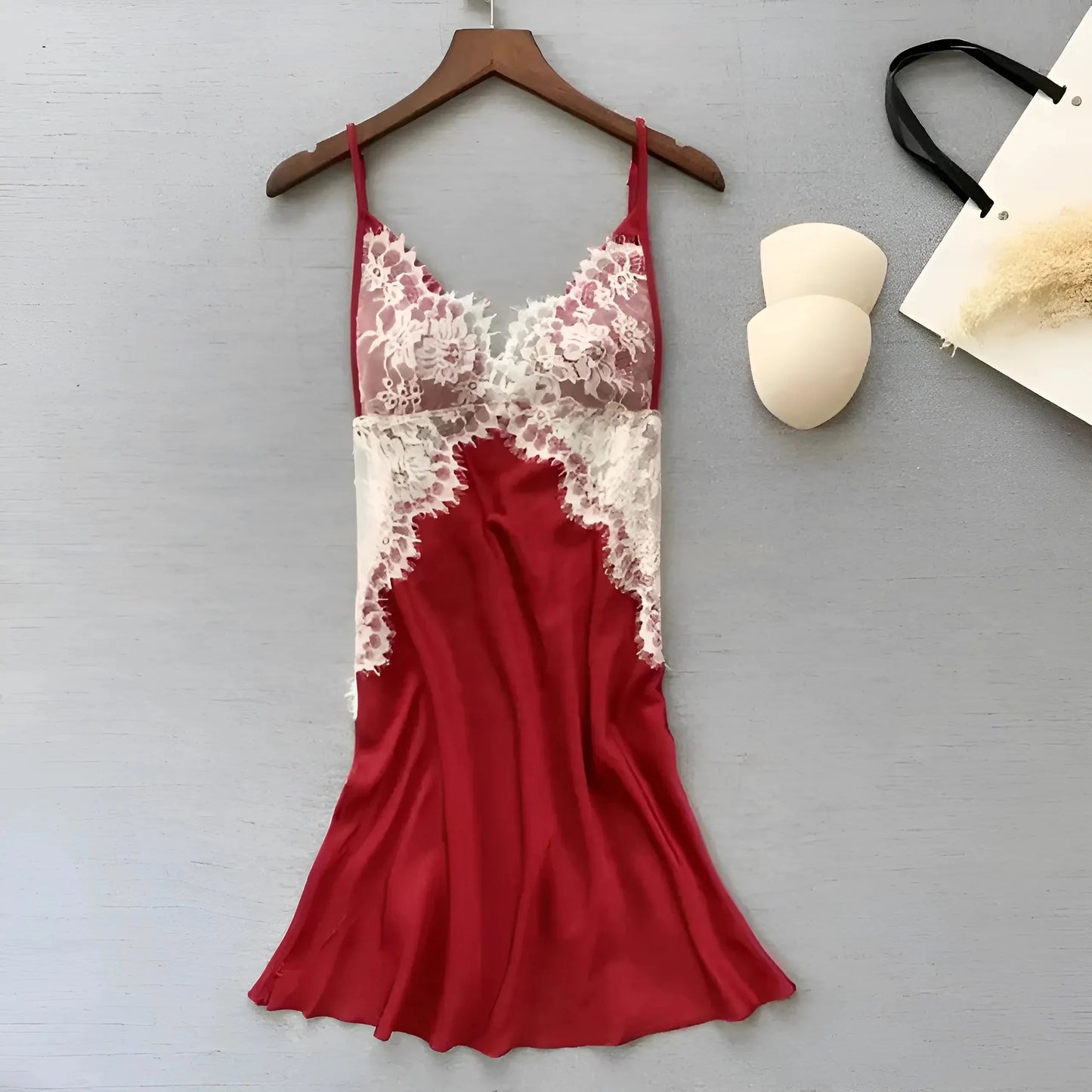 Red Lace Trim Nightdress with Bust Detail