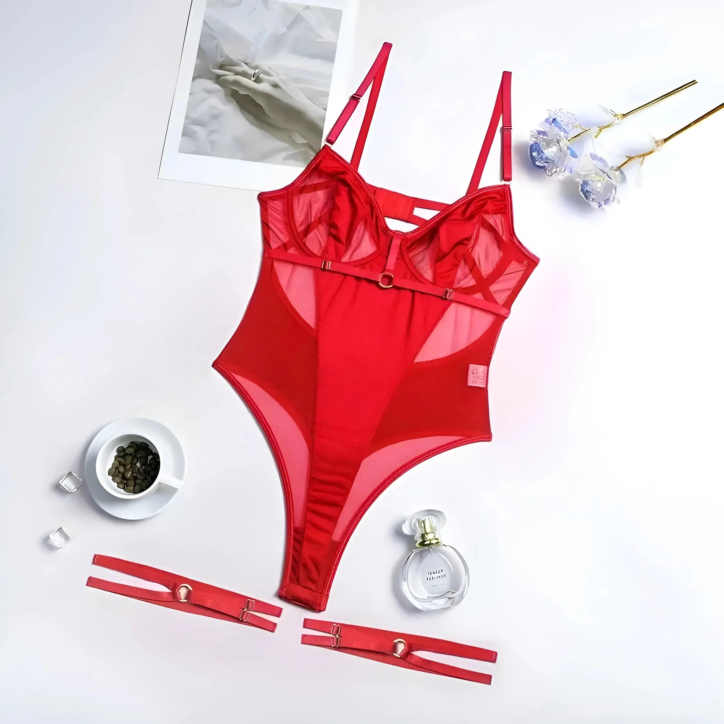 Red Women's Bodysuit with Sheer Elements