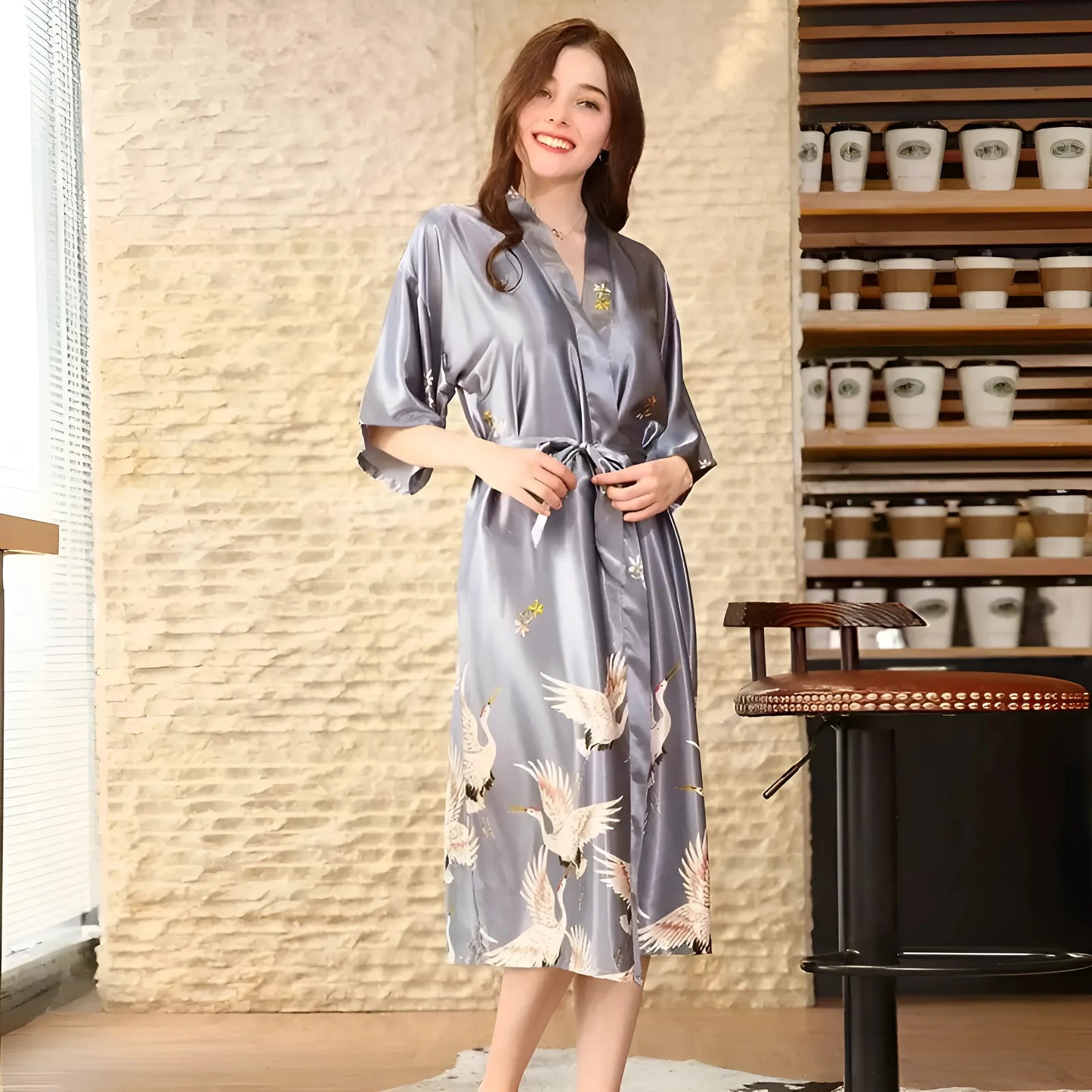 Satin Long Robe with Tie Belt