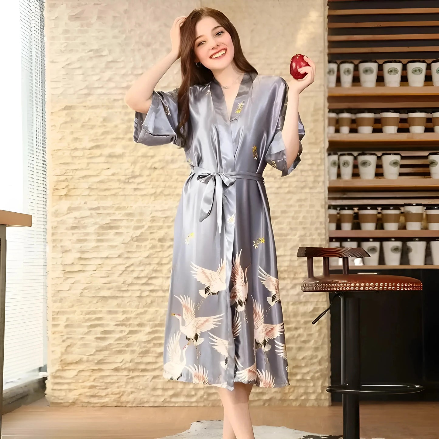 Satin Long Robe with Tie Belt