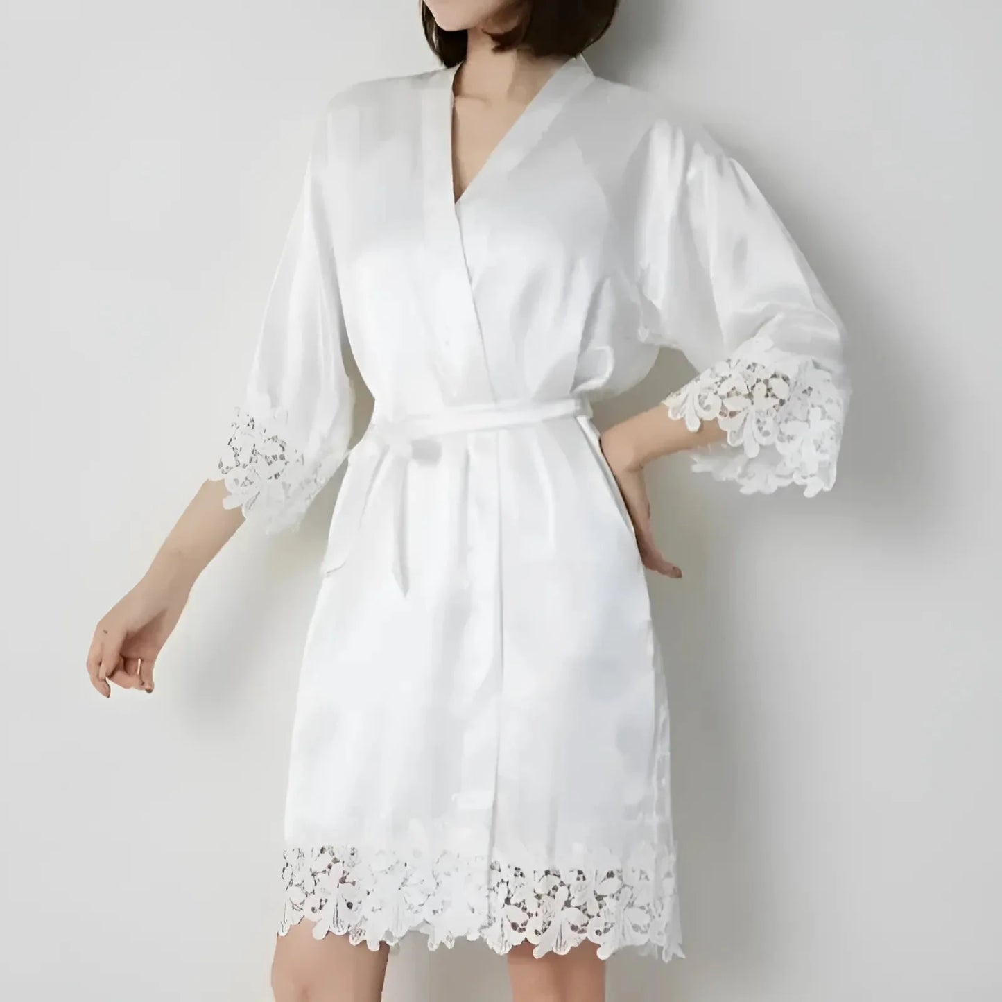 Silk Wedding Robe with Lace Trim