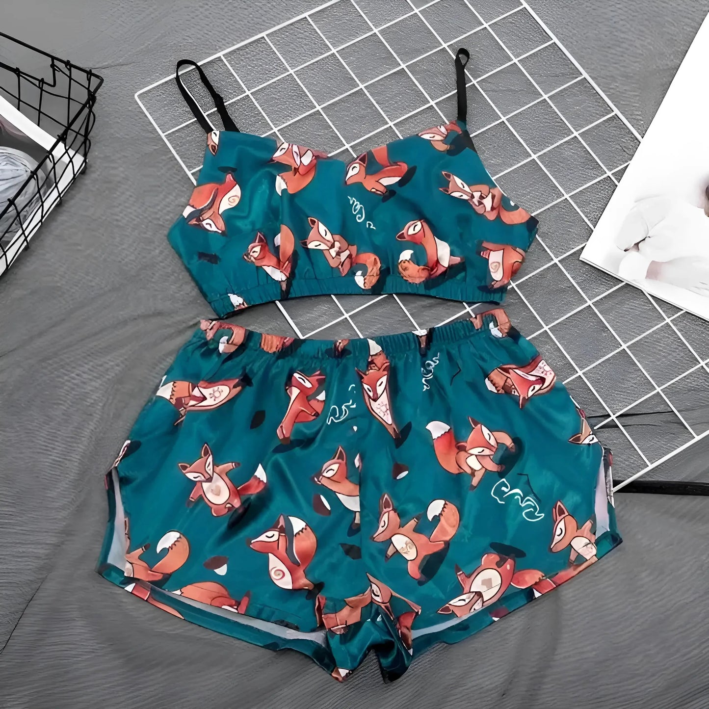 Turquoise Short Top and Patterned Pyjama Set
