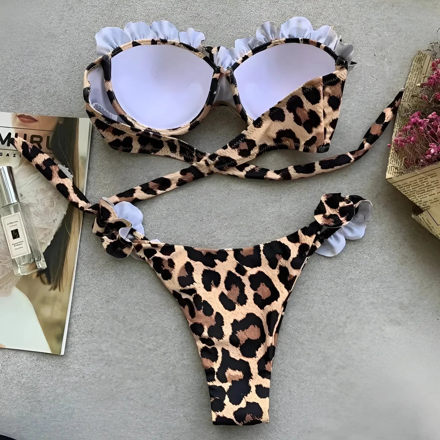 Two-piece leopard print bikini with frills