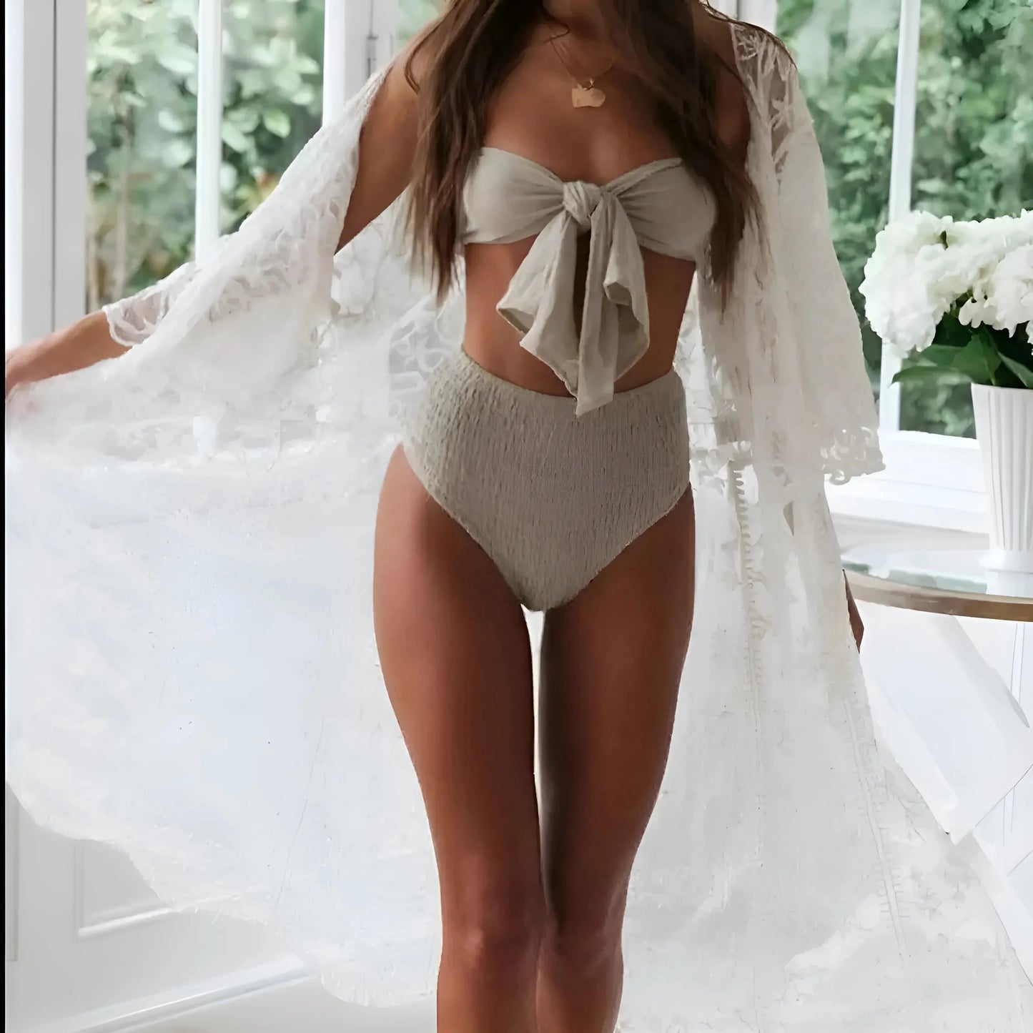 White Floral Lace Beach Kimono