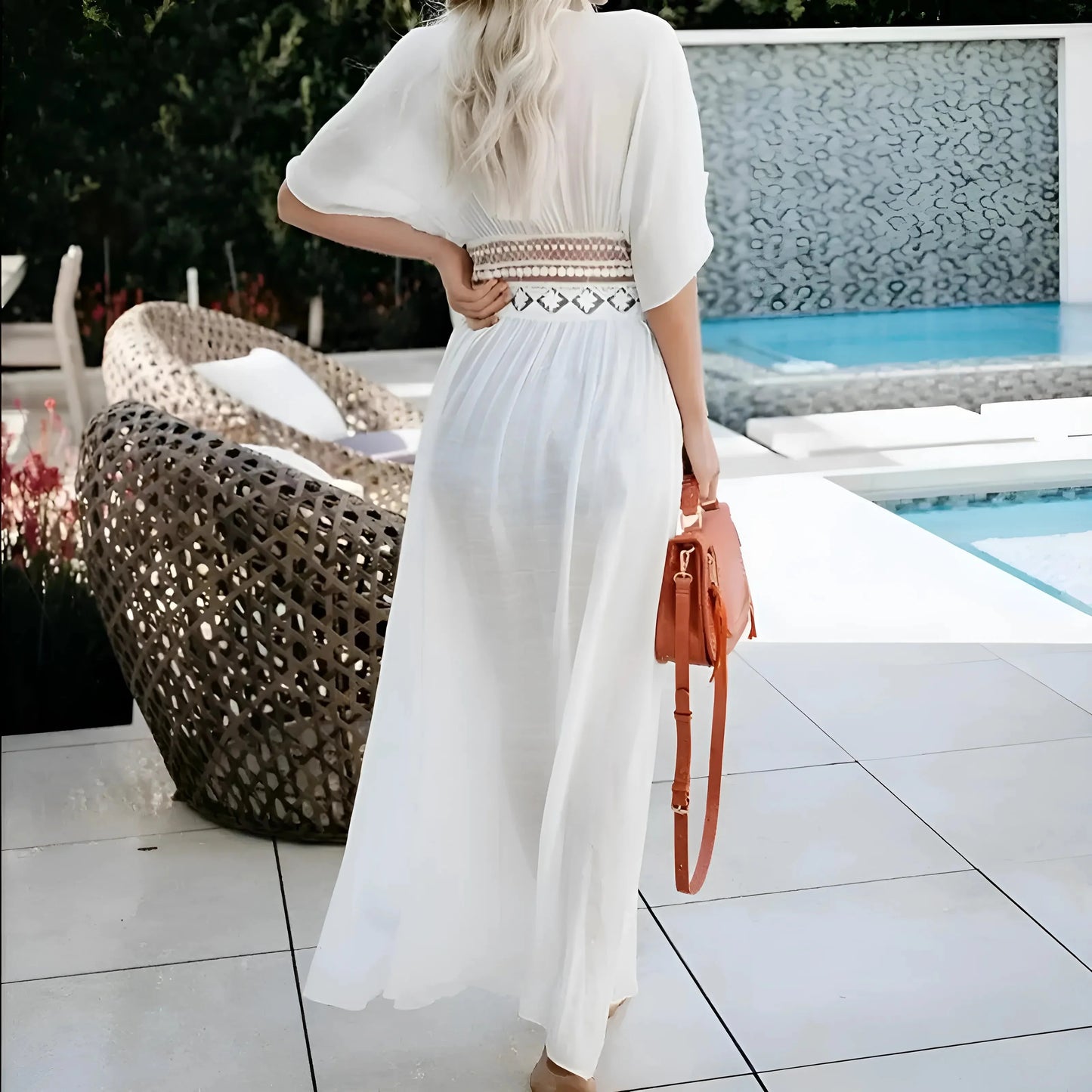 White Lace-Detail Boho Beach Kimono with Tie