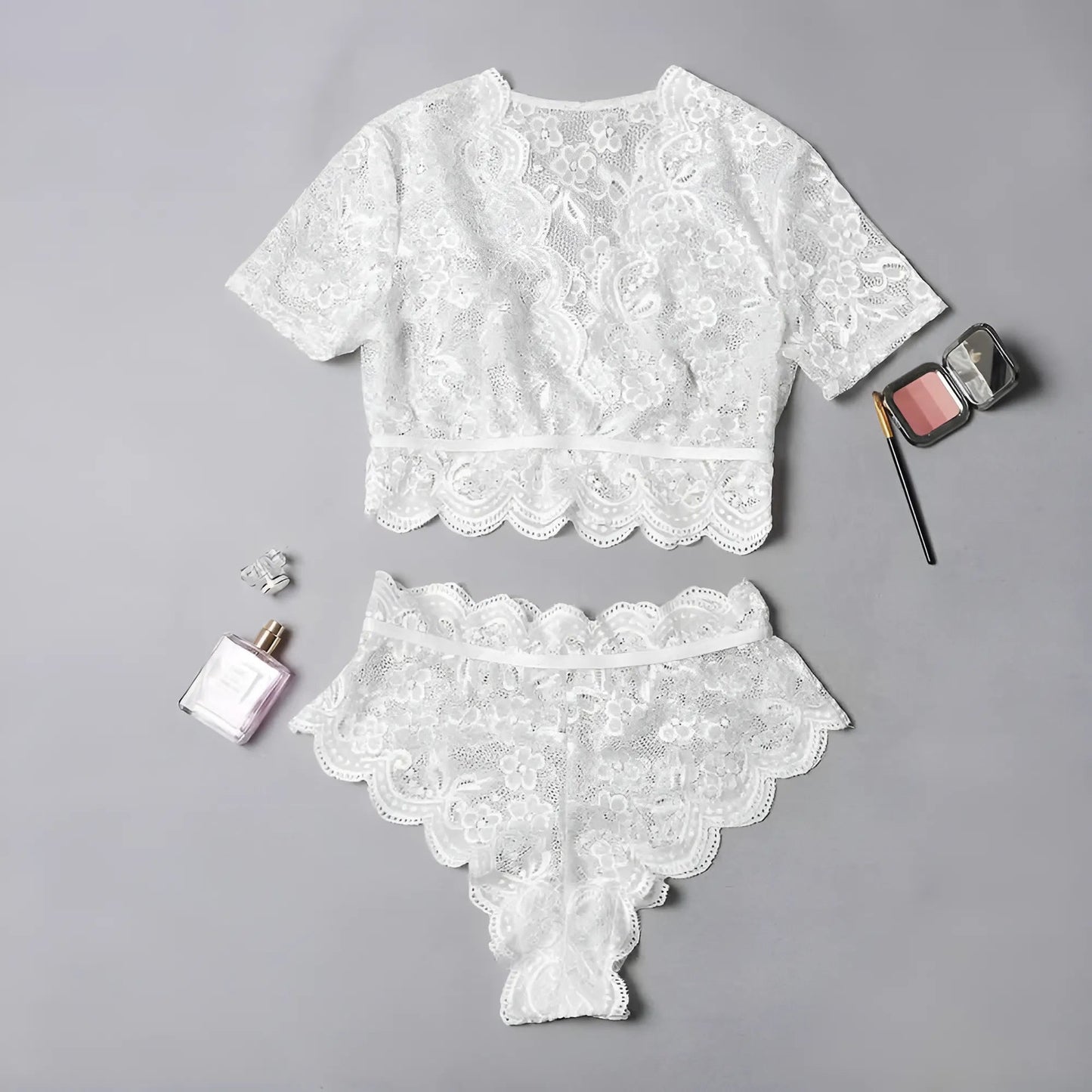 White Lace Lingerie Set with Sleeves