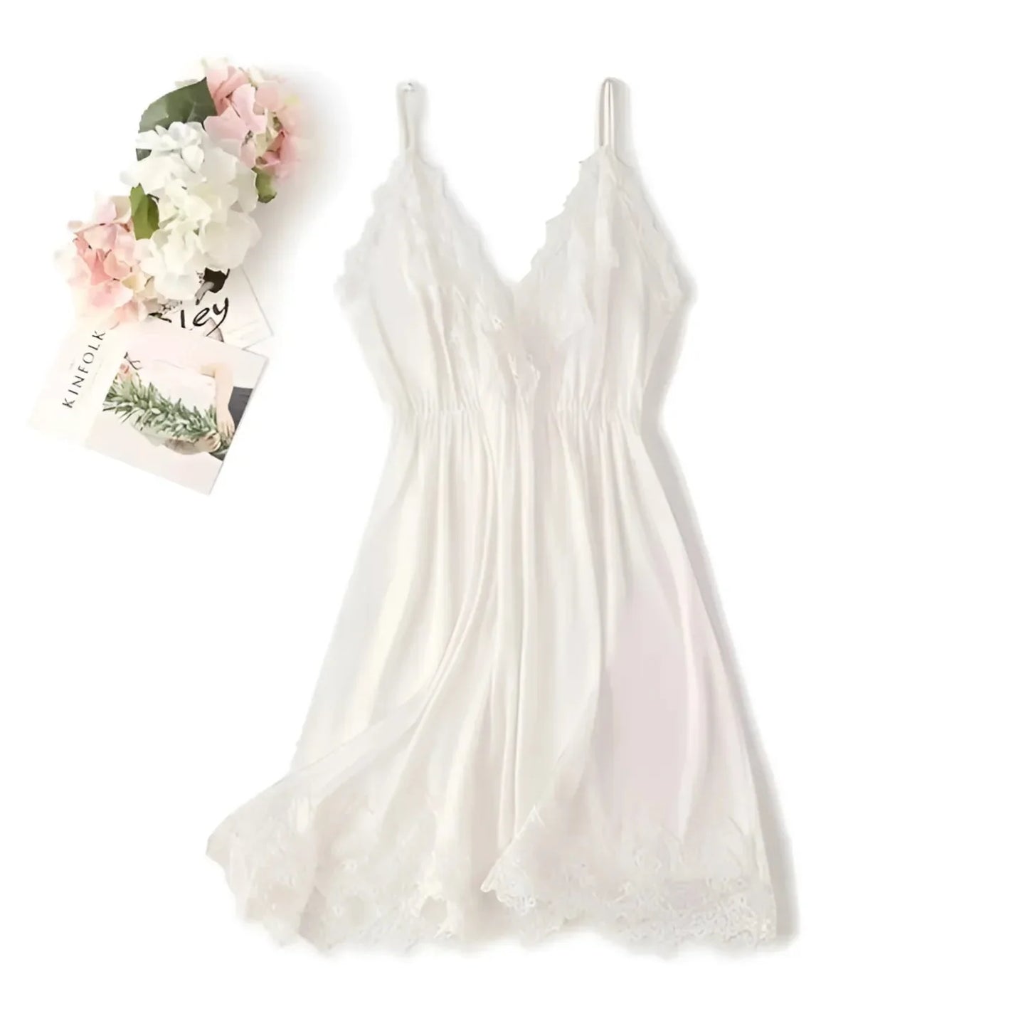 White Lace Trim Deep V-Neck Nightdress