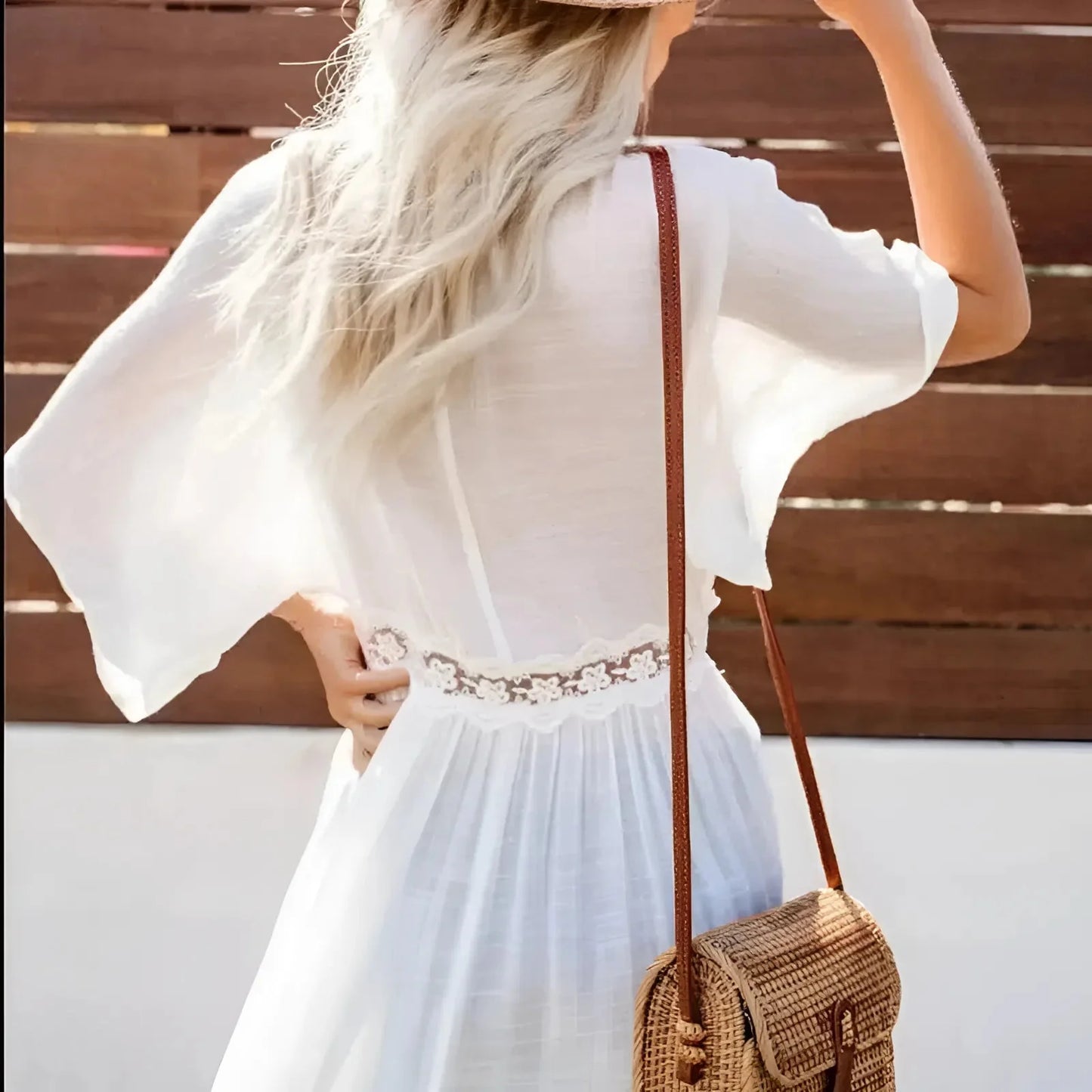 White Long Beach Kimono with Lace Trim