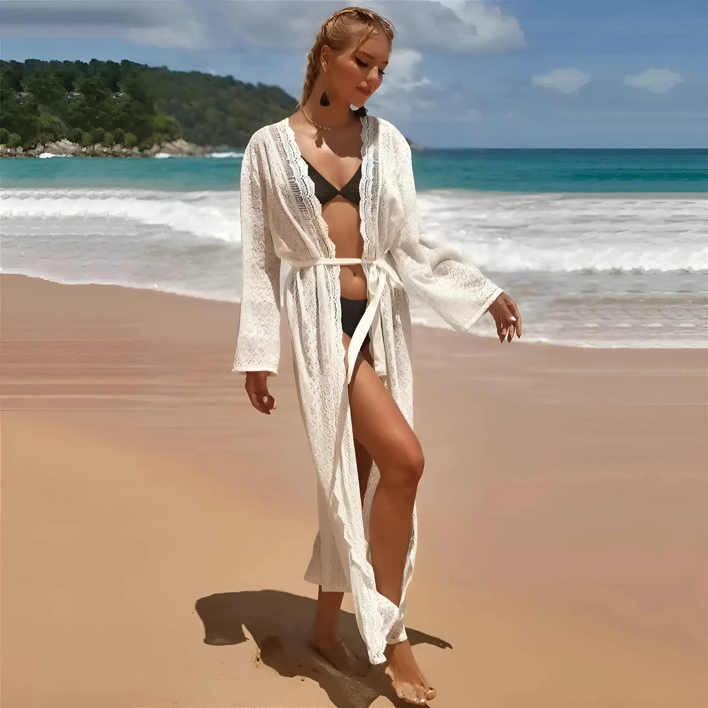 White Long Lace Beach Kimono